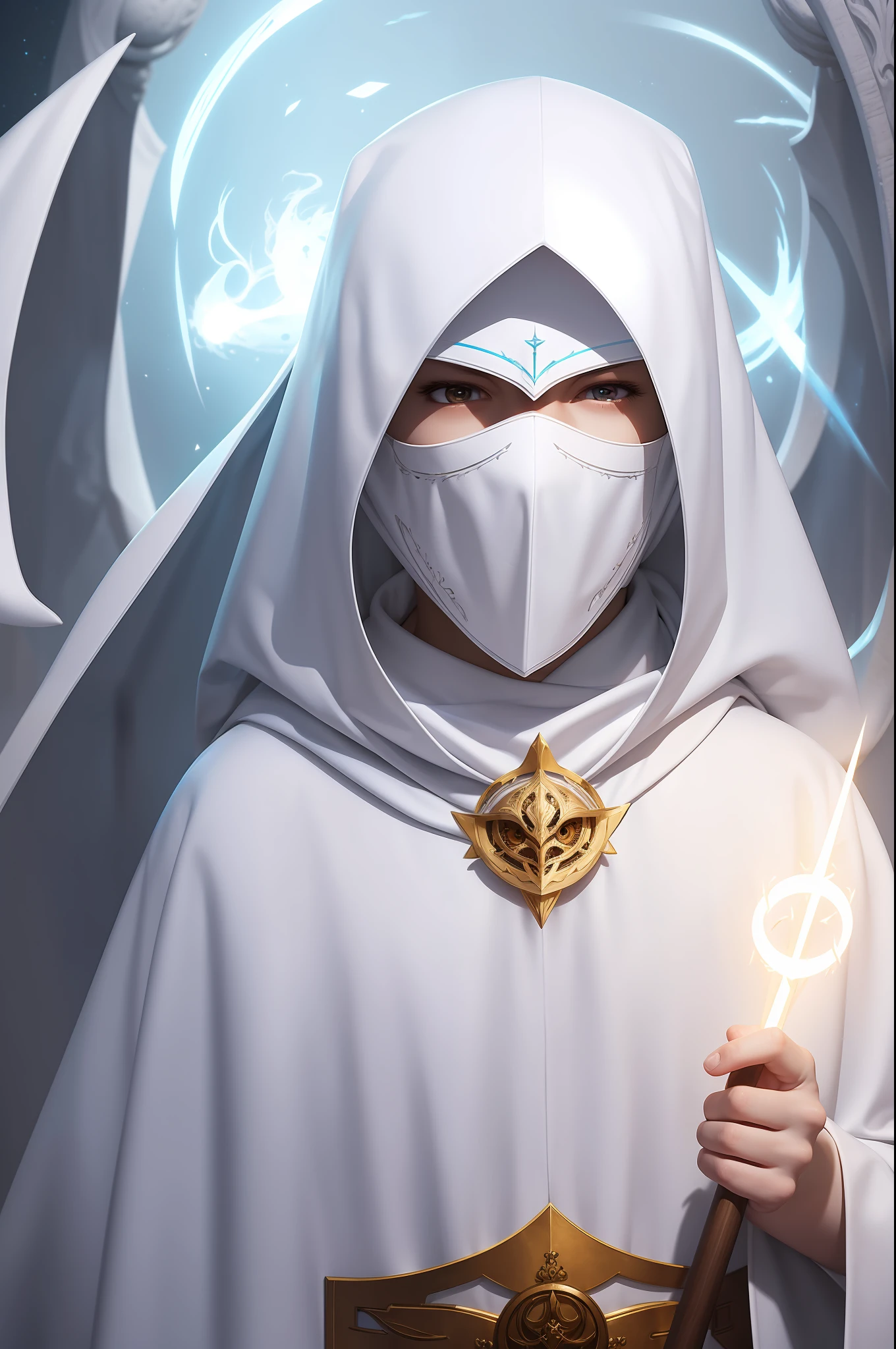 white (humanoid:1.3) owl with a white hood and a white theatre mask, cleric, glowing, inspired by WLOP, adorable digital painting, RPG character, dnd race