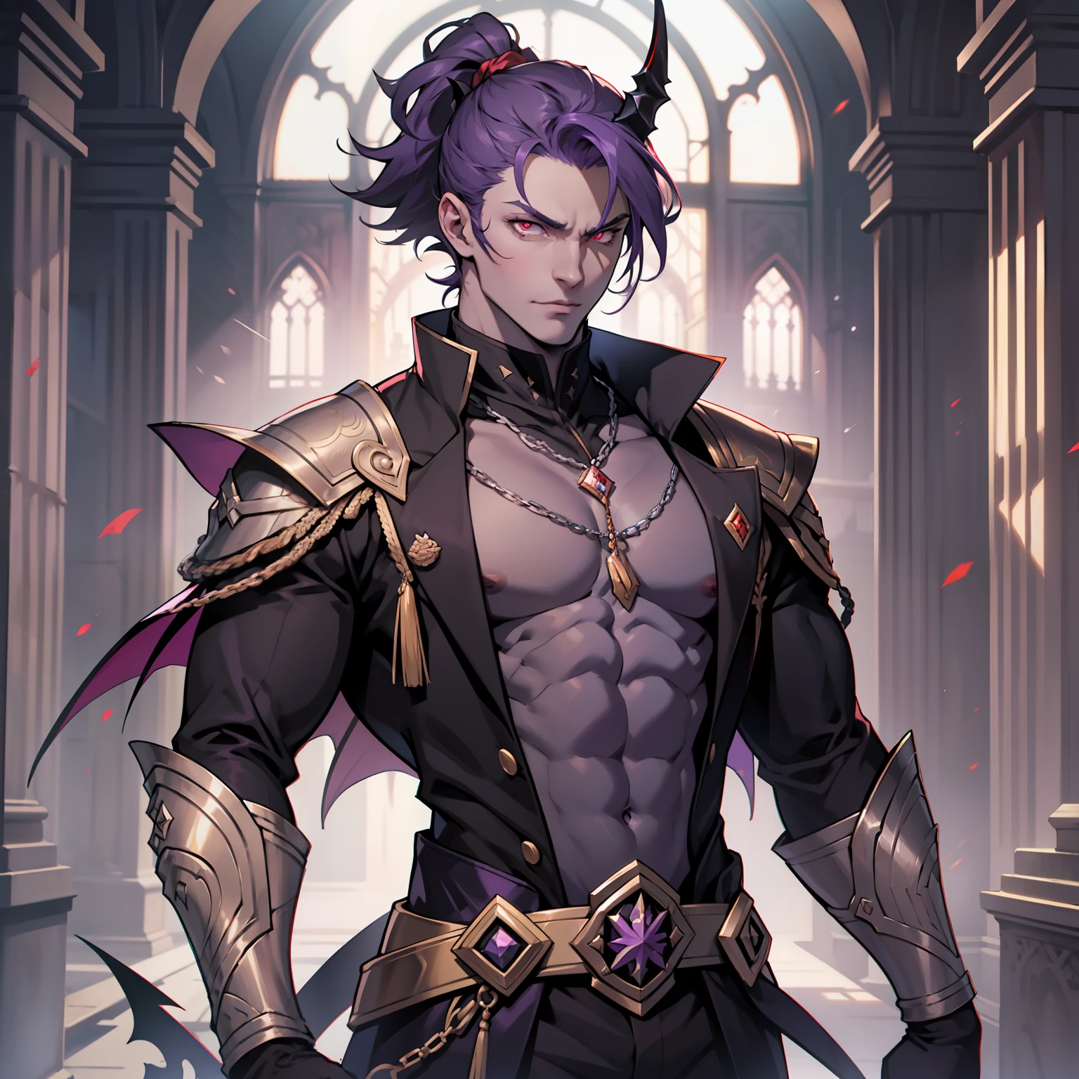 like all the demon princes, I am quite tall. I have purple hair tied back in a ponytail, and red eyes with sharp silver pupils. I wear fine clothes, as befits a prince of Hell, though they are always black. My demeanor is haughty, arrogant, and superior to others. I carry myself with confidence and a sense of pride that is unrivaled. When I speak, my words are sharp and my voice is powerful. I am the embodiment of pride and arrogance. handsome male, bara, muscular (8k) (good quality) dsrk purple hair.