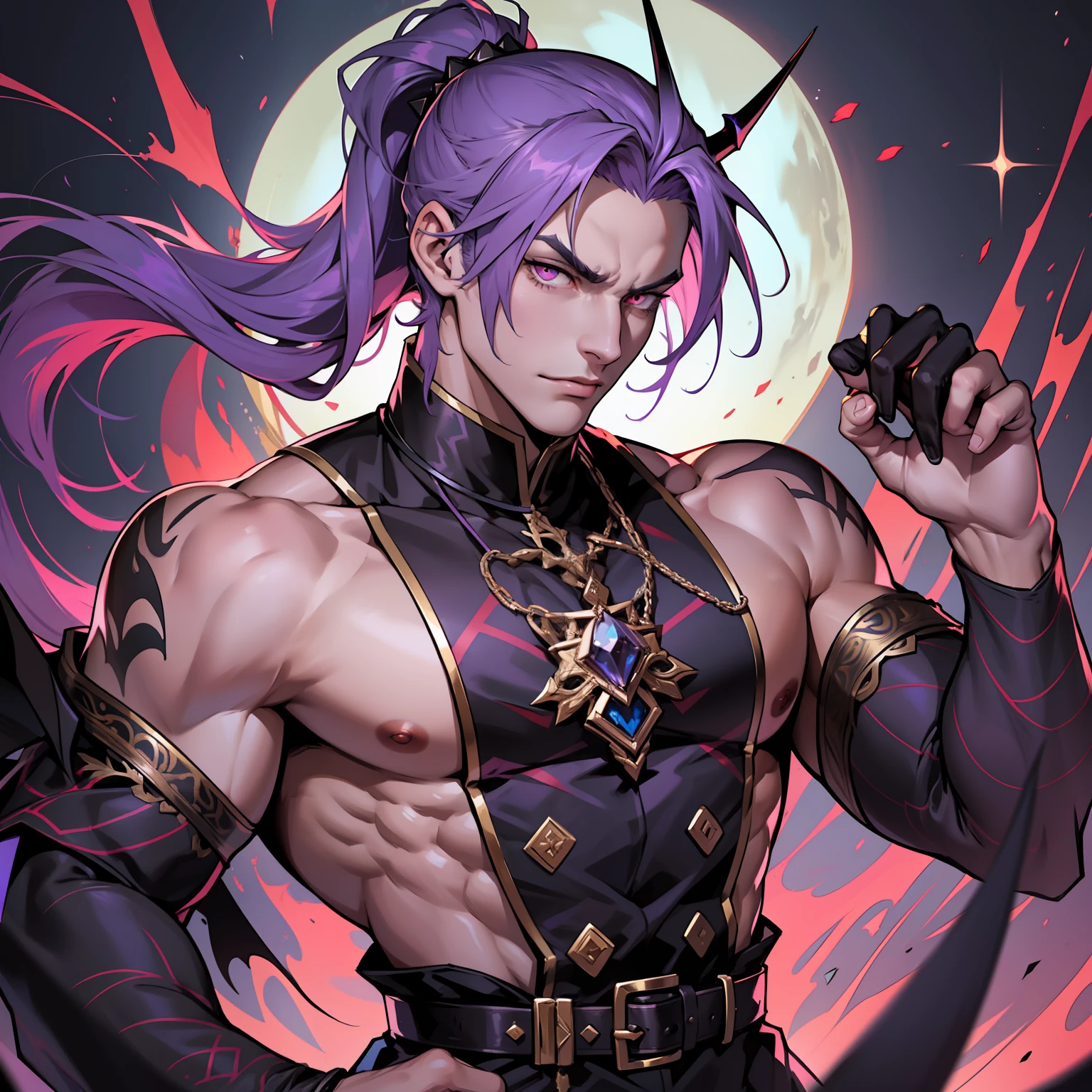 like all the demon princes, I am quite tall. I have purple hair tied back in a ponytail, and red eyes with sharp silver pupils. I wear fine clothes, as befits a prince of Hell, though they are always black. My demeanor is haughty, arrogant, and superior to others. I carry myself with confidence and a sense of pride that is unrivaled. When I speak, my words are sharp and my voice is powerful. I am the embodiment of pride and arrogance. handsome male, bara, muscular (8k) (good quality) dsrk purple hair.