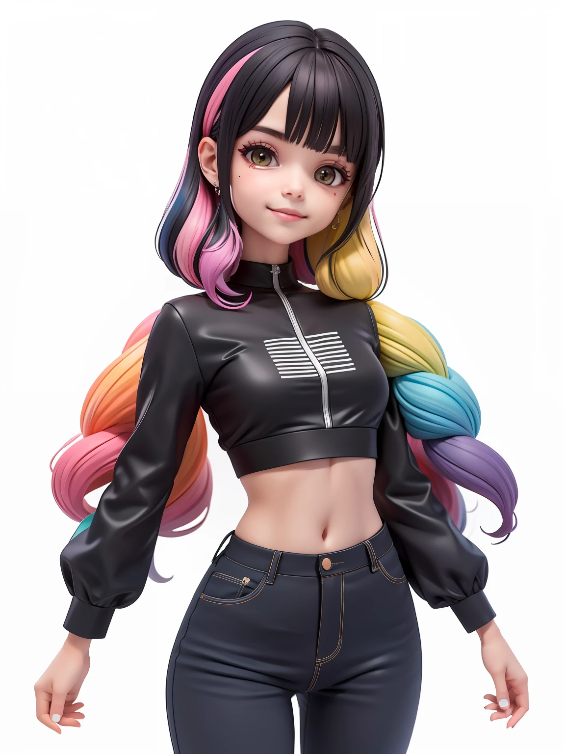 (obra-prima), (melhor qualidade), (ultra-detalhado), (corpo inteiro: 1.2) loli menina negra, pants and mini blouse, sorriso claro, corpo inteiro, :3, cabelo multicolor, curto, preso, pavor, moderno, Modern accessories, fundo tom pastel , colorido e simples.