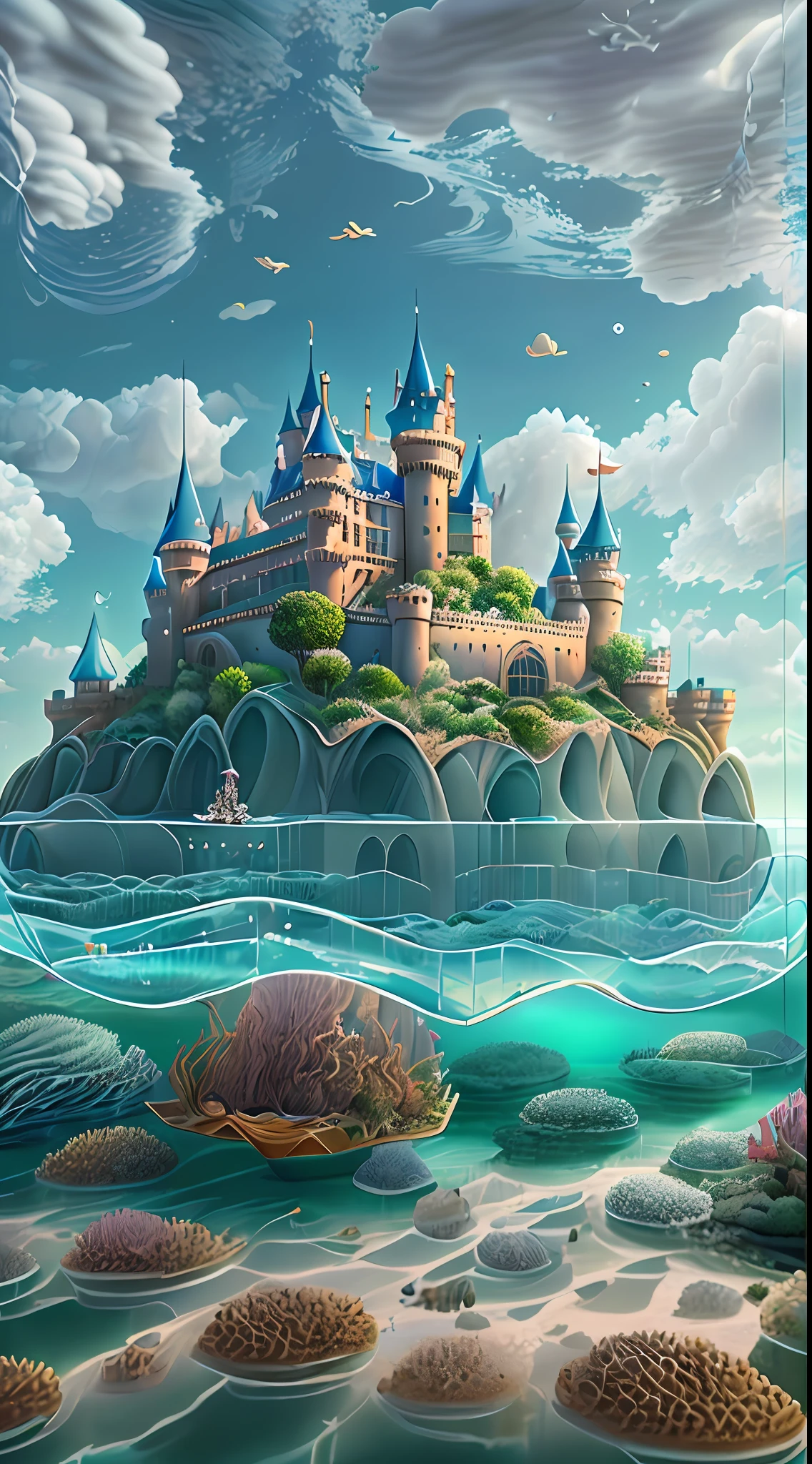 "(A Floating in the air, majestic, cloud, castle with walls made of glass:1.2), underneath we see a (beautiful ocean with waves), (best quality:1.3), (highres:1), (incredible:1.3), (perfect:1.3), (perfection:1.3), (detailed:1.3) art of 3D Studio "