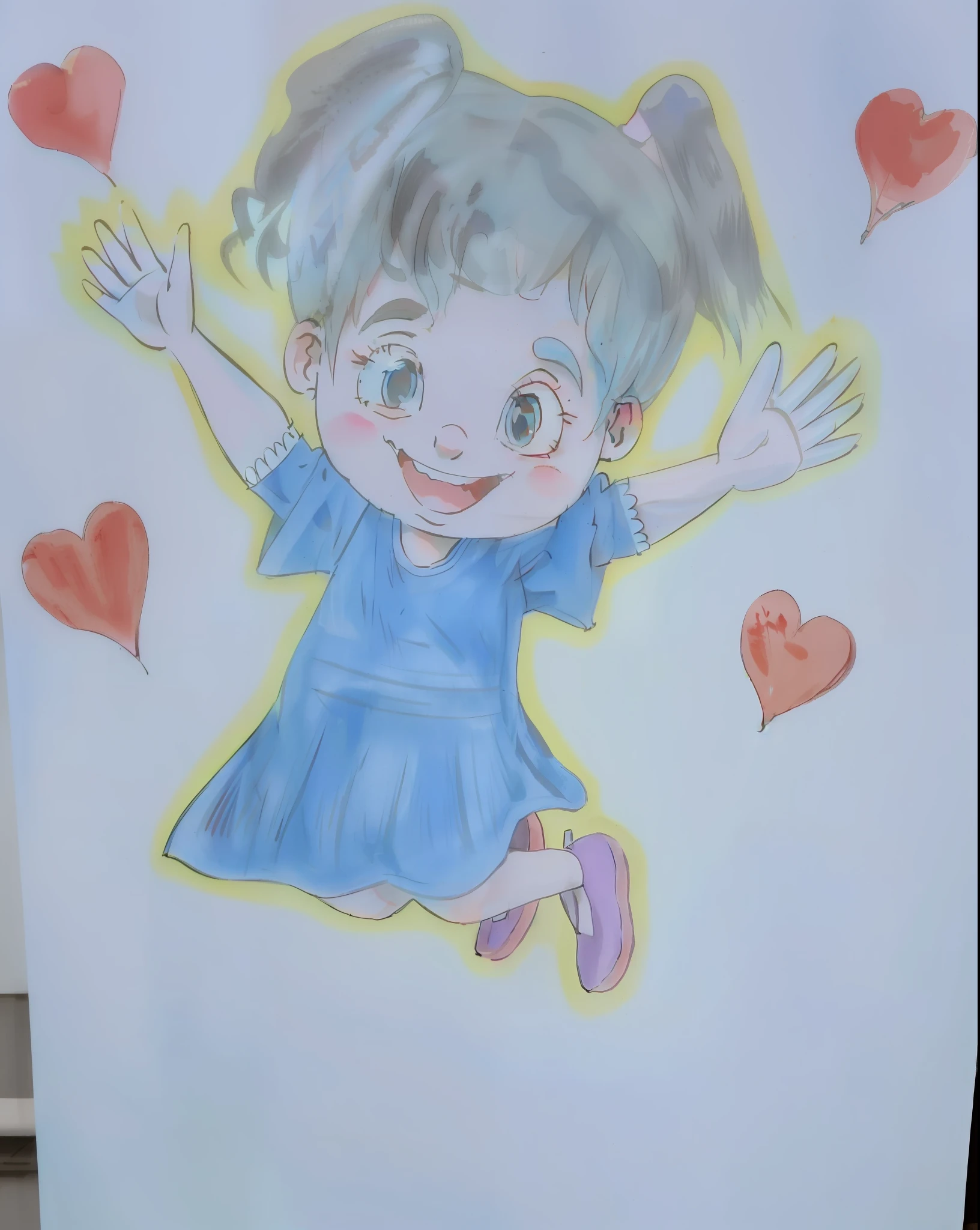 Drawing of a girl with a blue dress and pink shoes jumping with hearts, a colored pencil sketch, arte em pastel, [ arte digital ]!!, desenho colorido, desenho bonito, arte tradicional, desenho dos desenhos animados, arte digital!!, ela expressando alegria, in cartoon style, Feliz!!!, Fanart, arte pastel,  feliz, desenho de livros infantis, she is floating in the air, todo bem detalhado