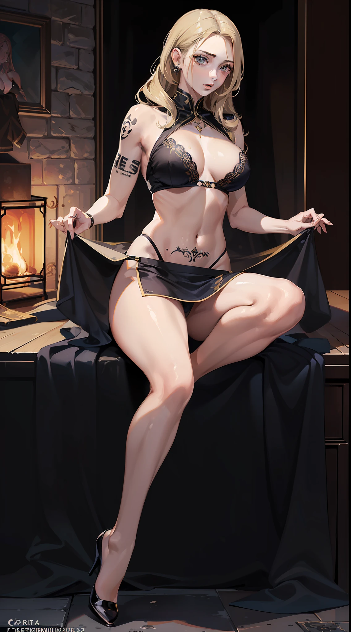 ((foto de corpo inteiro)), ((foto realista)), uma mulher, solo, militar, (colete: 1.2), 8k, high-res, obra-prima, melhor qualidade, (headpe: 1.3), pele finamente detalhada, transparent black bra, tattoo, skirt, roupas apertadas, sensual