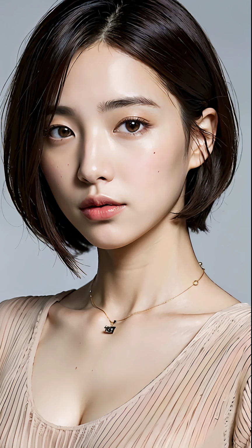 (Best quality, 8k, 32k, Masterpiece, UHD:1.2),Photo of Pretty Japanese woman, large breasts, very short bob hair,upper body,face focus,oversized_sweater, necklace, simple background, from above, looking at viewer,