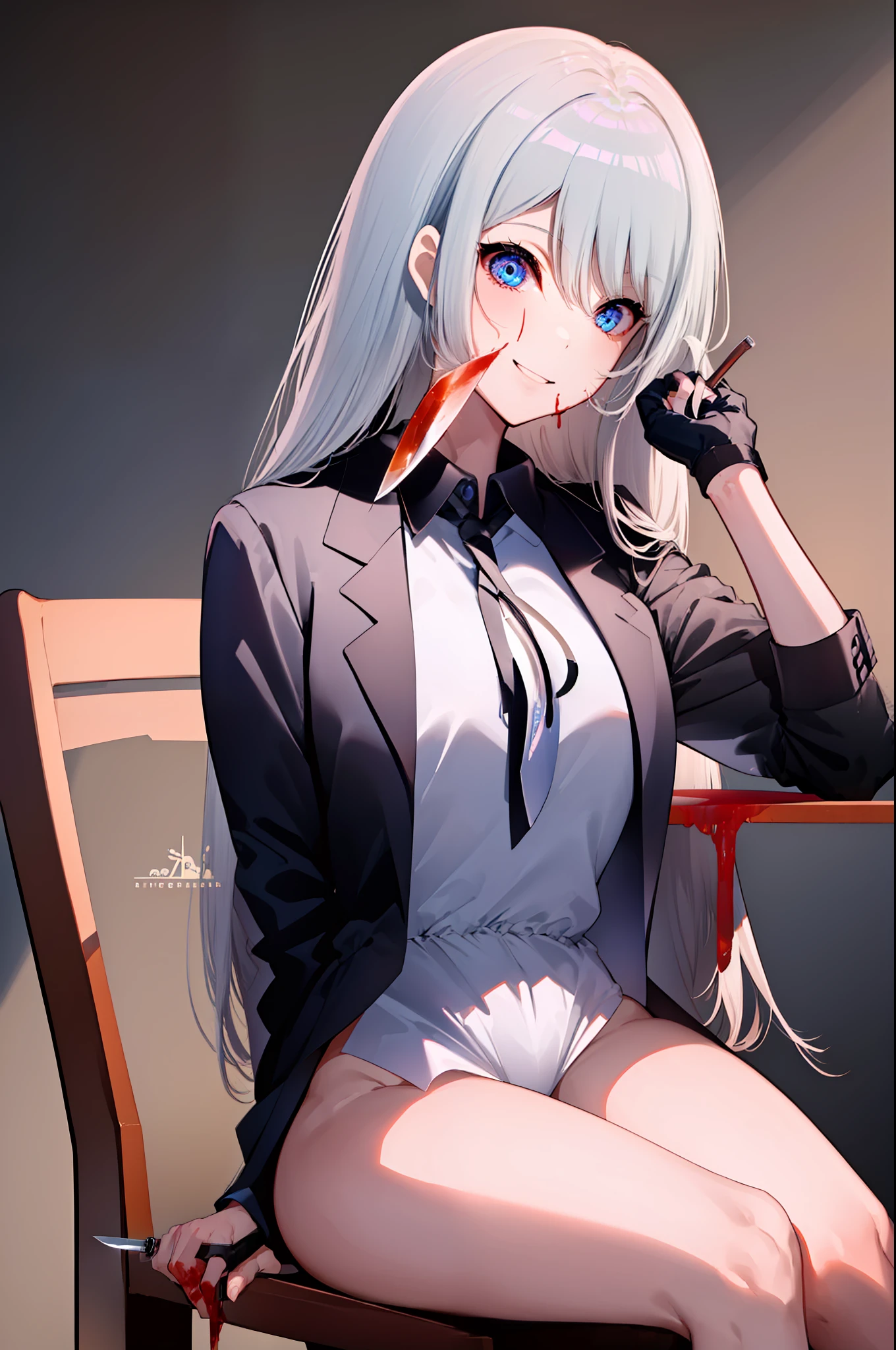 (((((obra-prima))))), (((((melhor qualidade))))), High, ((((1Kei)))), ((((((((((She's sitting in a wooden chair)))))))))), ((((((Ultra-detailed blue hands and eyes and knife)))))), ((((1girl)))), ((Formoso)), ((((((((((Saia preta na altura do joelho)))))))))), ((((((cabelo longo)))))), ((((((((((Sorriso sombrio feminino e cativante)))))))))), ((((((((((She has a knife in her right hand with blood)))))))))), ((((((((((sangue)))))))))), ((((sozinha)))), ((((((Uma garota com cabelo grisalho longo e olhos azuis)))))), (((fita))), (((franja))), (((鎖骨))), ((((cabelo grisalho)))), ((((((Saia preta na altura do joelho)))))), ((((((((meias pretas compridas)))))))), (((faixa de cabelo preta))), (((neck ribbon))), (((cabelo entre os olhos))), ((((middlebreasts)))), ((((There is only one person)))), ((((adolescente de 15 anos)))), (((uniforme escolar feminino camisa branca jaqueta preta jaqueta aberta saia preta longa))), ((corpo completo anatomicamente correto)), (((pernas femininas normais cruzadas))), ((usa sapatos pretos)), ((Detailed full scenario)), ((mystery)), ((Tempo tenso)), ((Postura equilibrada)), blush sutil | | | | | | |, Pingente de cristal BREAK golden hour, (Rim lighting): 1.2, tons quentes, Brilho lunar, sombras suaves, noite, cores vibrantes, painterly effect, dreamy atmosphere BREAK scenic lake, montanhas distantes, salgueiro, calm water, reflection, nuvens iluminadas pela lua, (((Dark scenery and terror))), (((((Vista de corpo inteiro e escenario completamente detalhado))))), (((pegue a chave))), Ultra Detalhado, Arte Oficial, Unity 8k papel de parede, Zentangle, mandala