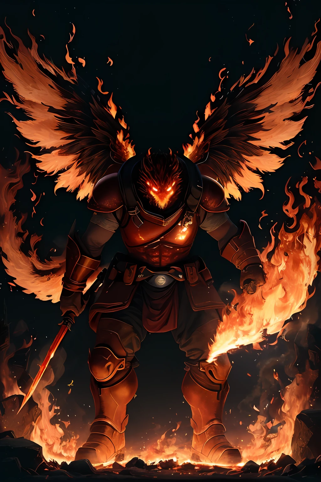 (8k, Photo brute, Best quality, Masterpiece:1.2), (Realstic, photo-realistic:1.37), Rendu octane, ultra highres, Ultra-detailed ,professional lighting, Cartographie des photons, radiosity, Rendu physique, UE5, ((Giant Earth Monster)), ((Glowing embers on the giant's body)), ((yeux rouges)), ((holding a flaming sword)), ((Burning castle)), ((Inflamed wings))