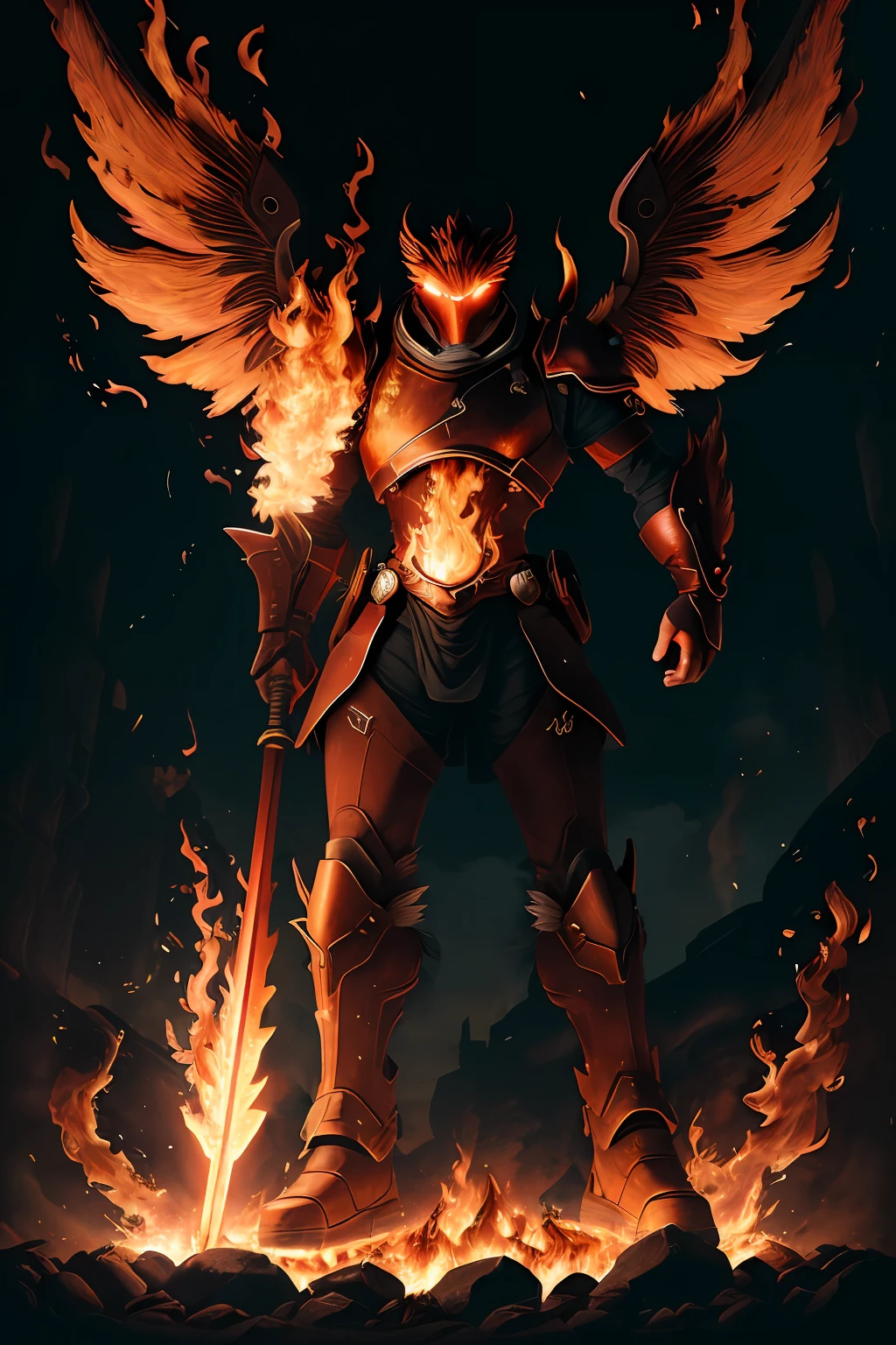 (8k, Photo brute, Best quality, Masterpiece:1.2), (Realstic, photo-realistic:1.37), Rendu octane, ultra highres, Ultra-detailed ,professional lighting, Cartographie des photons, radiosity, Rendu physique, UE5, ((Giant Earth Monster)), ((Glowing embers on the giant's body)), ((yeux rouges)), ((holding a flaming sword)), ((Burning castle)), ((Inflamed wings))