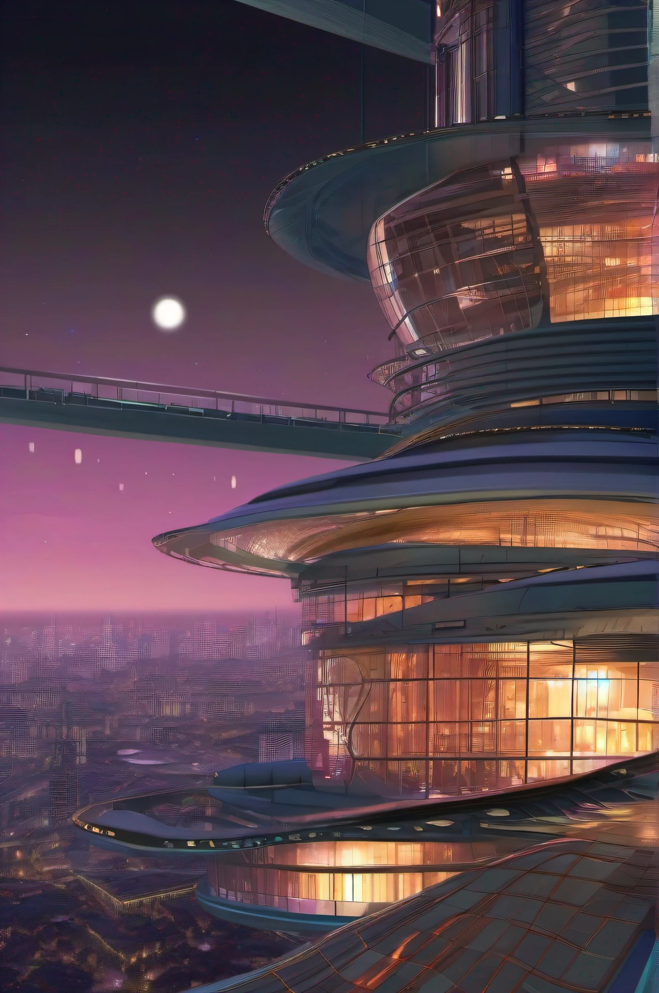 alien city, Curvilinear constructions, Translucent metal for building forms, Night scenery, Arte de Fantasia, arte de Clemilton Barbosa, detalhes intrincados, 16k
