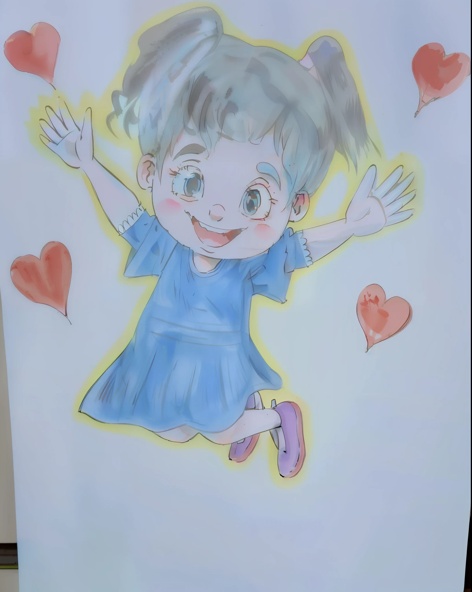 Drawing of a girl with a blue dress and pink shoes jumping with hearts, a colored pencil sketch, arte em pastel, [ arte digital ]!!, desenho colorido, desenho bonito, arte tradicional, desenho dos desenhos animados, arte digital!!, ela expressando alegria, in cartoon style, Feliz!!!, Fanart, arte pastel, menina feliz, desenho de livros infantis, she is floating in the air, todo bem detalhado