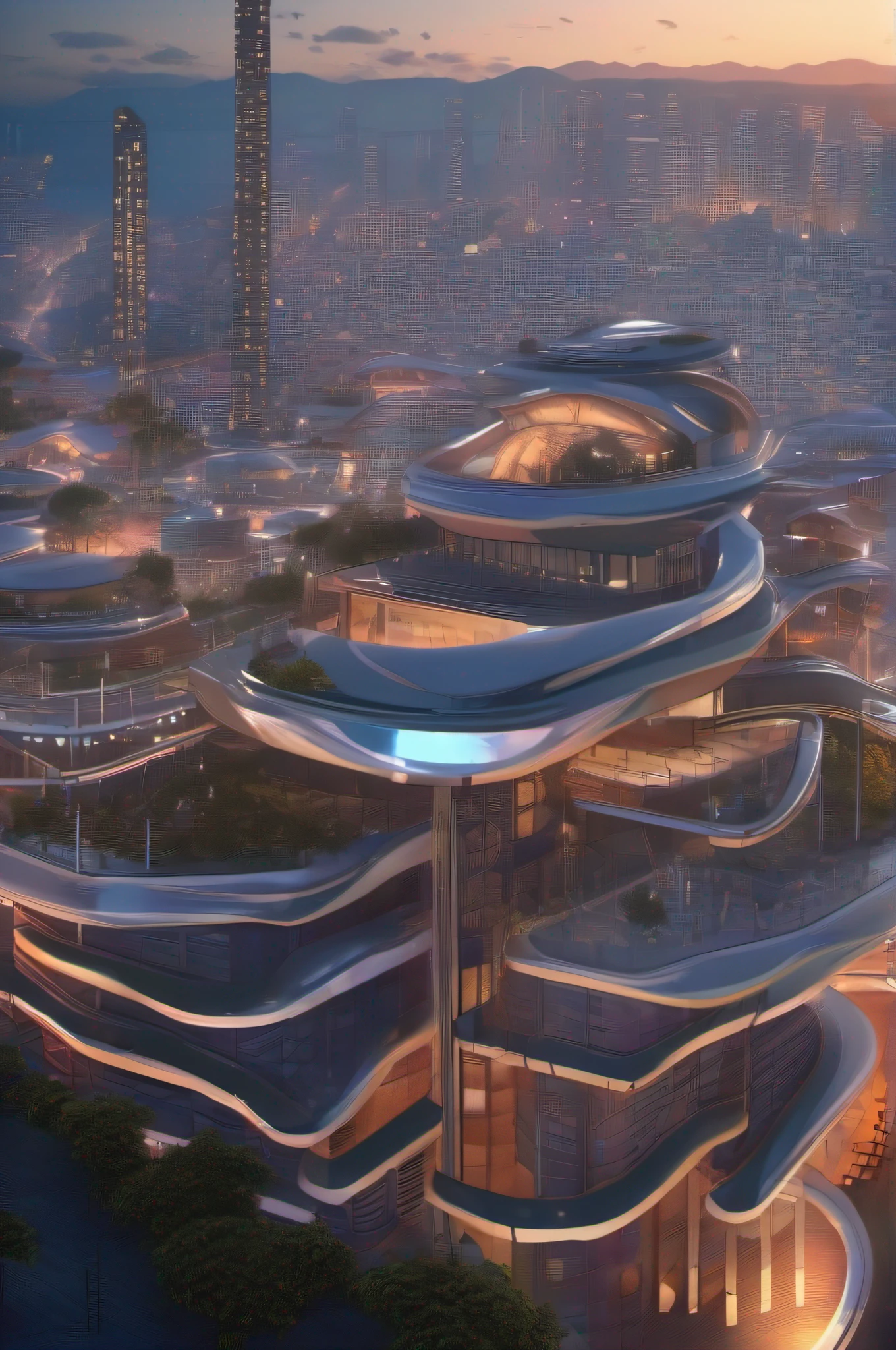 alien city, Curvilinear constructions, Translucent metal for building forms, Night scenery, Arte de Fantasia, arte de Clemilton Barbosa, detalhes intrincados, 16k