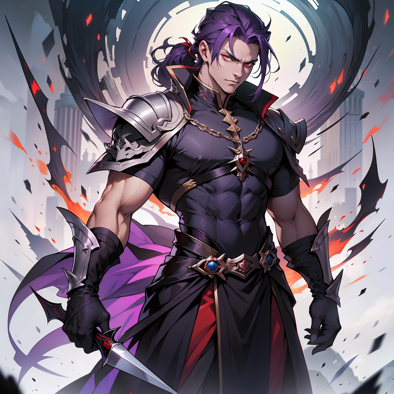 like all the demon princes, I am quite tall. I have purple hair tied back in a ponytail, and red eyes with sharp silver pupils. I wear fine clothes, as befits a prince of Hell, though they are always black. My demeanor is haughty, arrogant, and superior to others. I carry myself with confidence and a sense of pride that is unrivaled. When I speak, my words are sharp and my voice is powerful. I am the embodiment of pride and arrogance. handsome male, bara, muscular (8k) (good quality) dark purple hair. Red eyes.