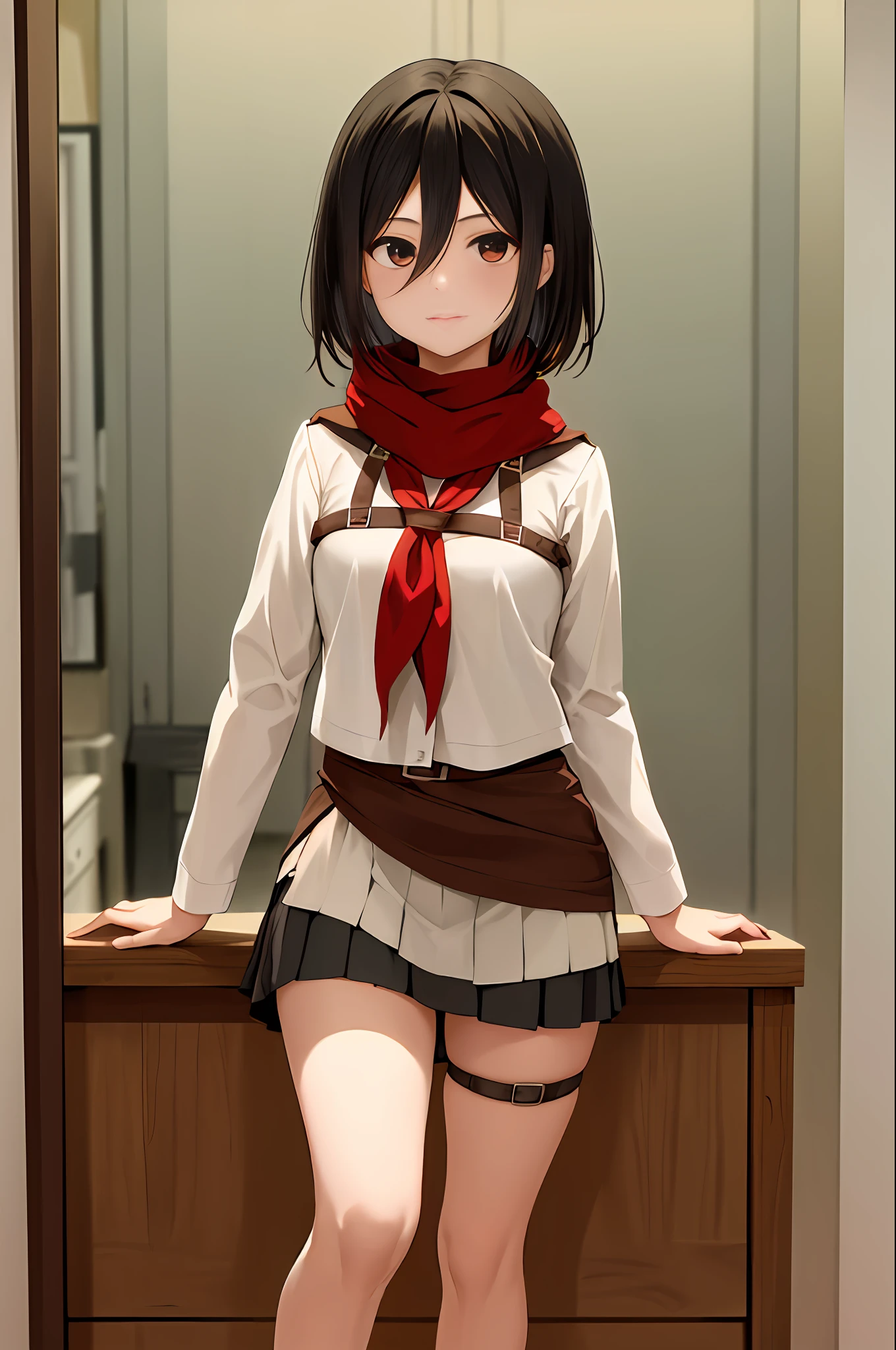 Obra maestra, La mejor calidad, Altas Resoluciones, Hmmikasa, pelo corto, ojos negros, bufanda, emblema, beltt, Correa para el muslo, red neckerchief, miniskirt, show legs, inocente, sonrojada, room
