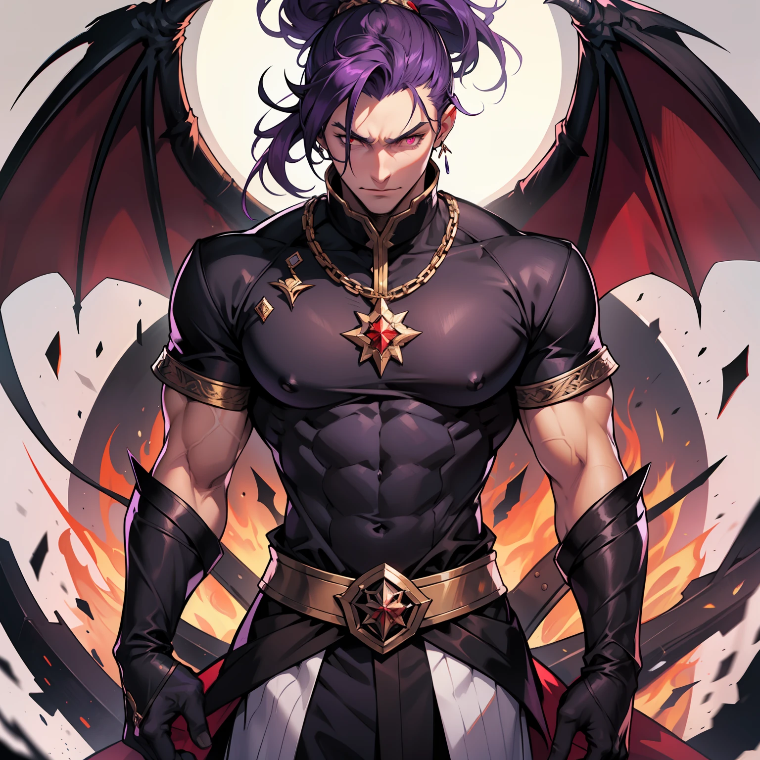 like all the demon princes, I am quite tall. I have purple hair tied back in a ponytail, and red eyes with sharp silver pupils. I wear fine clothes, as befits a prince of Hell, though they are always black. My demeanor is haughty, arrogant, and superior to others. I carry myself with confidence and a sense of pride that is unrivaled. When I speak, my words are sharp and my voice is powerful. I am the embodiment of pride and arrogance. handsome male, bara, muscular (8k) (good quality) dark purple hair. Red eyes.