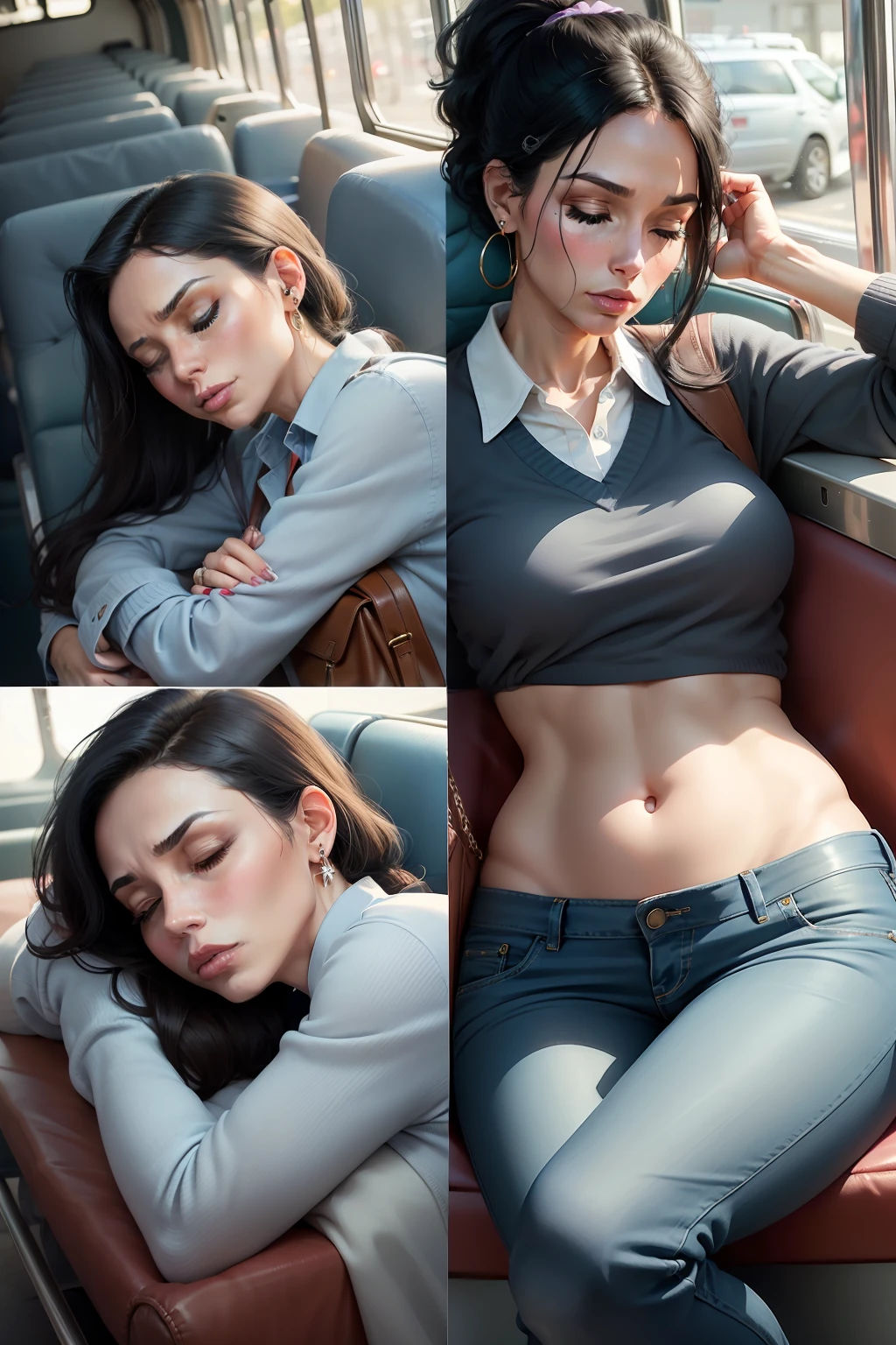 1 beautiful woman, lady, 40-year-old lady, older adult, black hair, made-up face, ponytail, light blue jean pants, light-blue sweater with a shirt collar, earrings, large nails, brown purse, made-up eyelids, slippers, asleep lying down on the bus, eyes closed, arms crossed, mouth open.