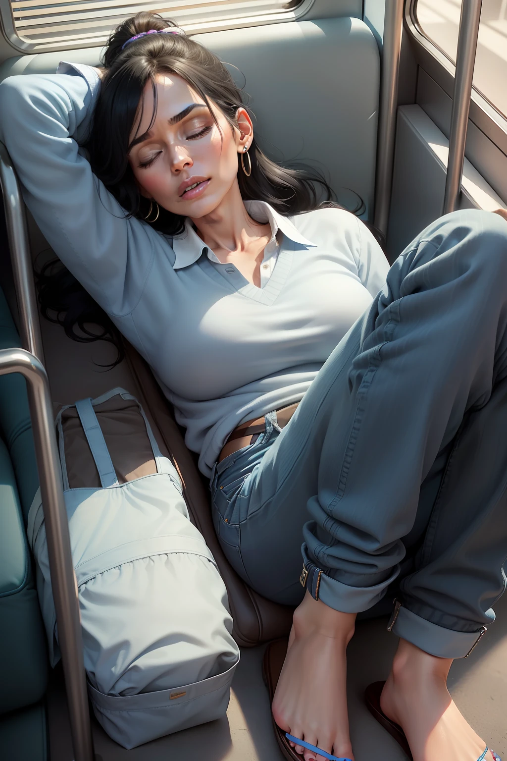 1 beautiful woman, lady, 40-year-old lady, older adult, black hair, made-up face, ponytail, light blue jean pants, light-blue sweater with a shirt collar, earrings, large nails, brown purse, made-up eyelids, slippers, asleep lying down on the bus, eyes closed, arms crossed, mouth open.