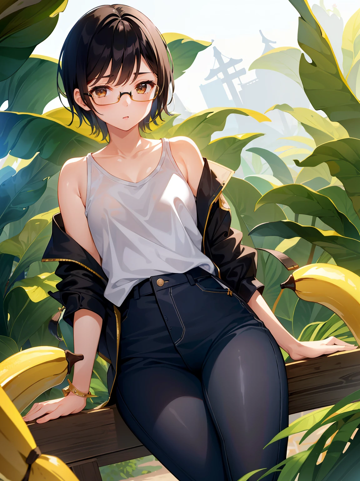 (girl with、独奏、a 、A dark-haired、short-hair、straight haired、Light brown eyes、hair adornments、wearing black glasses、cute  face)、​masterpiece、best qualtiy、jungles、A lot of bananas、ripped clothing、ripped pants