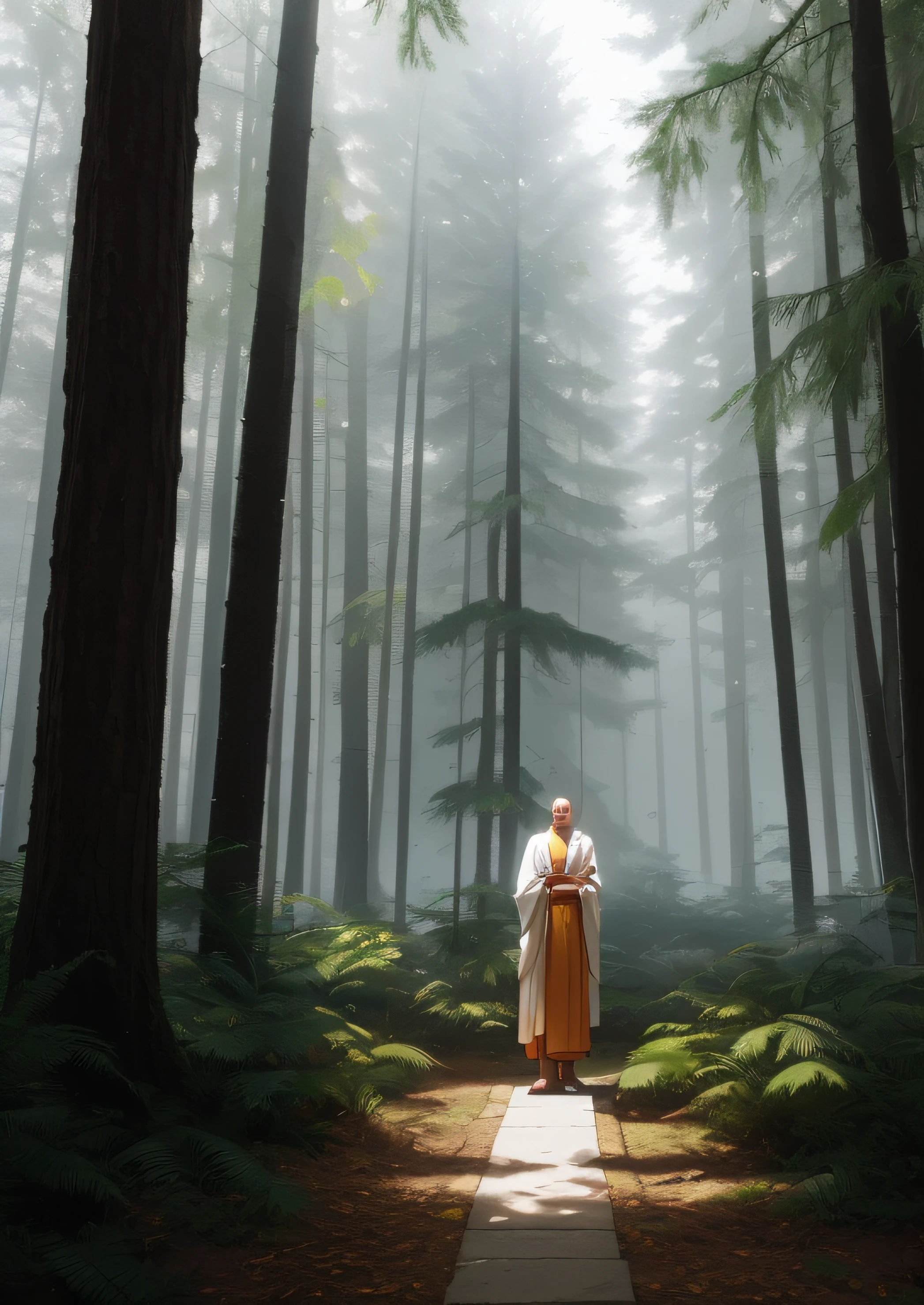 a monk is meditating, wearing a white robe in the temple, the temple is in the forest, raw photo, surreal photo, unreal engine 4, 8k, super sharp, detailed colors, wide color coverage , extreme scene detail, shading, anti-aliasing, error detail smoothing,raw photo, surreal image, unreal engine 4, 8k, super sharp, detailed colors, wide color coverage, extremely high scene detail, shading, anti-aliasing, error detail smoothing, raw photo, surreal photo, unreal engine 4.8k, super sharp, detailed color, wide color coverage, scene detail extremely tall object , (8k, RAW photo, best quality, masterpiece:1.2), (realistic, photo-realistic:1.37),modelshoot style, (extremely detailed CG unity 8k wallpaper),professional majestic oil painting by Ed Blinkey, Atey Ghailan, Studio Ghibli, by Jeremy Mann, Greg Manchess, Antonio Moro, trending on ArtStation, trending on CGSociety, Intricate, High Detail, Sharp focus, dramatic, photorealistic painting art by midjourney and greg rutkowski, scene detail extreme objects, shading, anti-aliasing, error detail smoothing