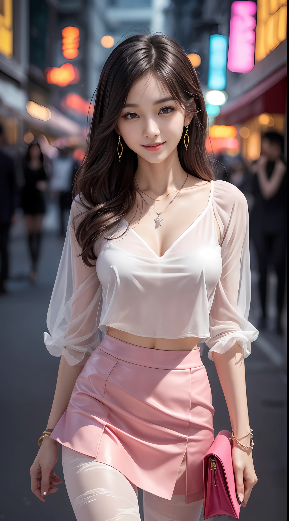 8k, masterpiece, RAW photo, best quality, photorealistic, extremely detailed CG unity 8k wallpaper, Depth of field, Cinematic Light, Lens Flare, Ray tracing, (extremely beautiful face, beautiful lips, beautiful eyes), intricate detail face, ((ultra detailed skin)) 1girl, in the dark, deep shadow, pretty korean girl, kpop idol,(very slim slender fit-muscled body:1.3), ((looking at viewer)),(big smile:1.3), (night, (neon sign), (blurry background), midnight, (without people in the background:1.3), pretty korean girl, white diamond earrings, bracelets, necklace, hose, clear eyes, walking , front shot, (pale skin), face forward, (big eyes), full body shot, ((see through blouse)), (hot pink color blouse)), ((laced skirt)), (looking at viewer:1.3), very slim, medium breasmes bag