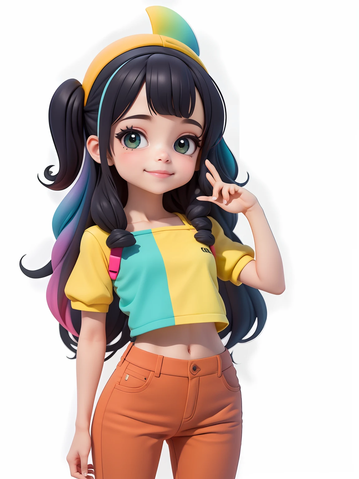 (obra-prima), (melhor qualidade), (ultra-detalhado), (corpo inteiro: 1.2) loli menina negra, pants and mini blouse, sorriso claro, corpo inteiro, :3, cabelo multicolor, enrolado, encaracolado, crespo moderno, Modern accessories, fundo tom pastel , colorido e simples.