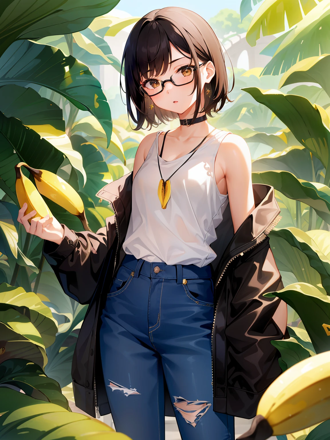 (girl with、独奏、a junior high school student、A dark-haired、short-hair、straight haired、Light brown eyes、hair adornments、wearing black glasses、cute face)、masterpiece、best qualtiy、jungles、A lot of bananas、ripped clothing、ripped pants