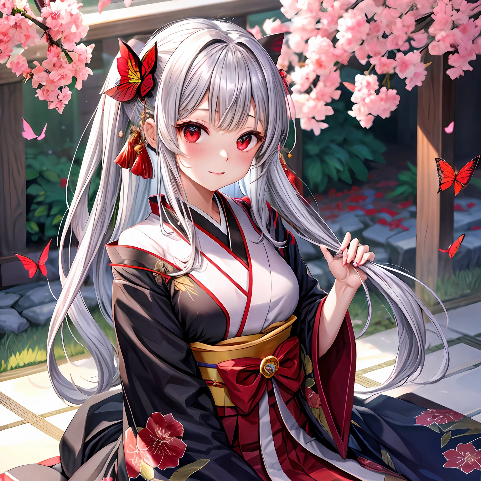 silber hair、Hair is up、red eyes、One pretty girl、独奏、animesque、dark colored kimono、flower field、butterflys々、