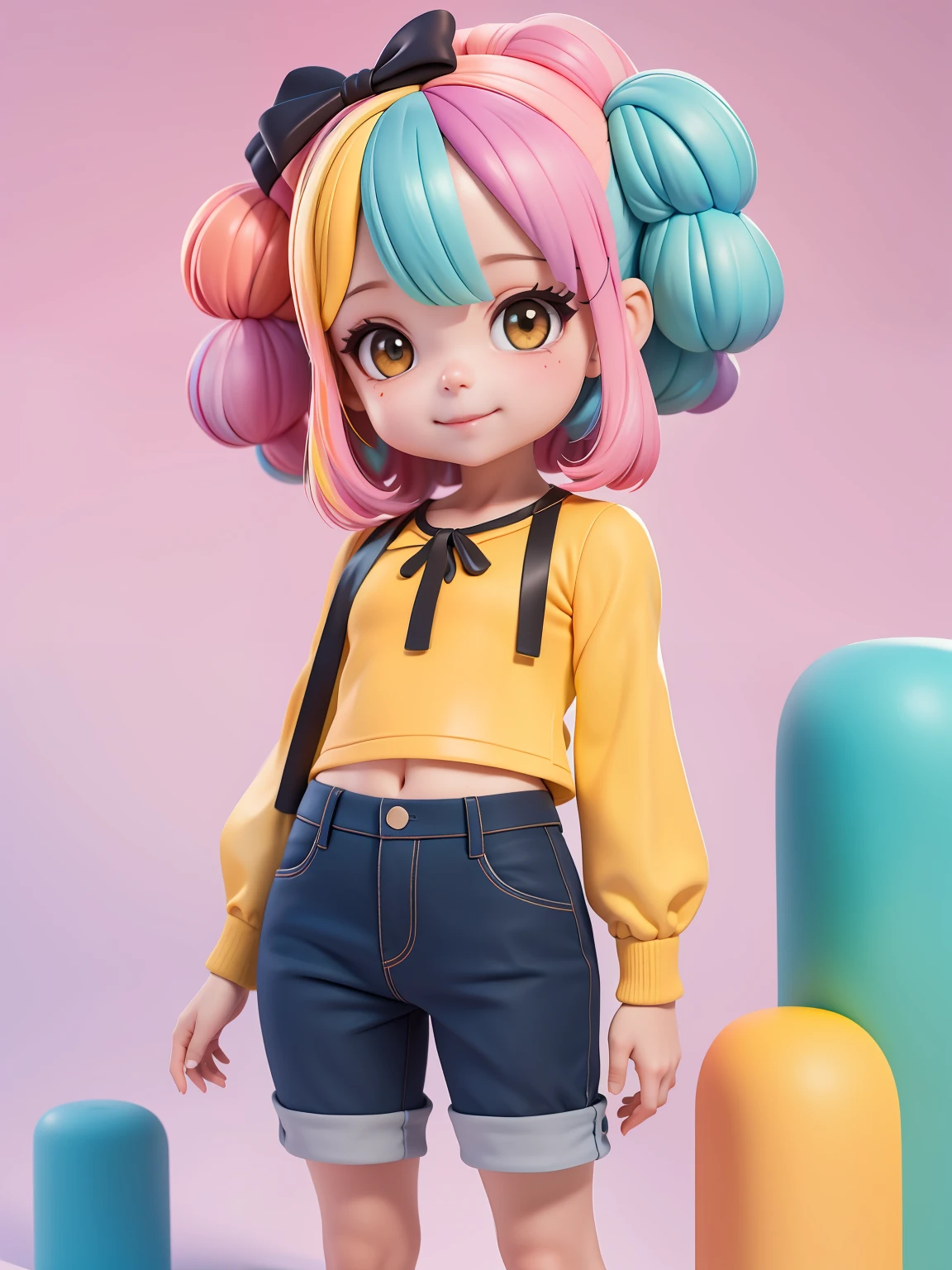 (obra-prima), (melhor qualidade), (ultra-detalhado), (corpo inteiro: 1.2) loli menina negra, pants and mini blouse, sorriso claro, corpo inteiro, :3, cabelo multicolor, enrolado, encaracolado, crespo moderno, Modern accessories, fundo tom pastel , colorido e simples.