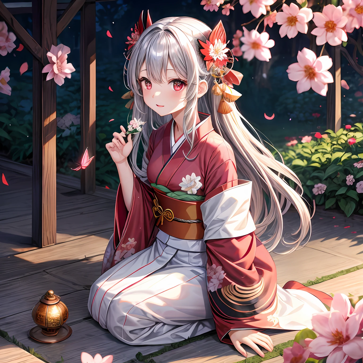 Wavy silver hair、red eyes、One pretty girl、独奏、animesque、dark colored kimono、flower field、butterflys々