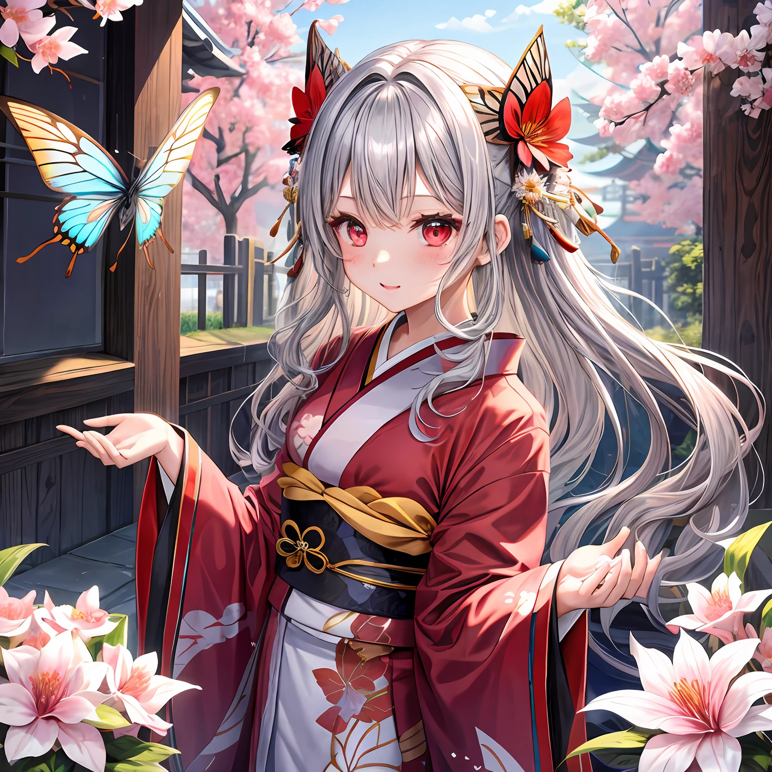 Wavy silver hair、red eyes、One pretty girl、独奏、animesque、dark colored kimono、flower field、butterflys々