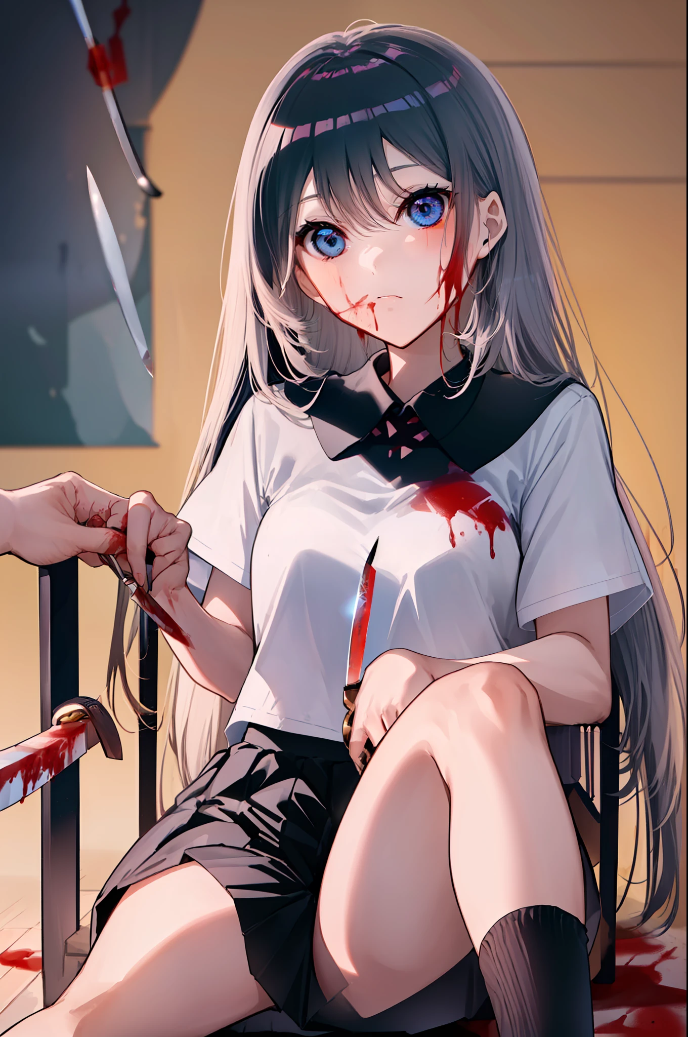 (((((obra-prima))))), (((((melhor qualidade))))), High, ((((1Kei)))), ((((((((((She's sitting in a wooden chair)))))))))), ((((((Ultra-detailed blue hands and eyes and knife)))))), ((((1girl)))), ((Formoso e aterrador)), ((((((((((Knee length black skirt)))))))))), ((((((cabelo longo)))))), ((((((((((Sorriso sombrio feminino e cativante)))))))))), ((((((((((She has a knife in her right hand with blood)))))))))), ((((((((((sangue)))))))))), ((((sozinha)))), ((((((Uma garota com cabelo grisalho longo e olhos azuis)))))), (((fita))), (((franja))), (((鎖骨))), ((((cabelo grisalho)))), ((((((Saia preta na altura do joelho)))))), ((((((((long black socks)))))))), (((faixa de cabelo preta))), (((neck ribbon))), (((cabelo entre os olhos))), ((((middlebreasts)))), ((((There is only one person)))), ((((adolescente de 15 anos)))), (((uniforme escolar feminino camisa branca jaqueta preta jaqueta aberta saia preta longa))), ((corpo completo anatomicamente correto)), (((pernas femininas normais cruzadas))), ((usa sapatos pretos)), ((Detailed full scenario)), ((mystery)), ((Tempo tenso)), ((Postura equilibrada)), blush sutil | | | | | | |, Pingente de cristal BREAK golden hour, (Rim lighting): 1.2, tons quentes, Brilho lunar, sombras suaves, noite, cores vibrantes, painterly effect, dreamy atmosphere BREAK scenic lake, montanhas distantes, salgueiro, calm water, reflection, nuvens iluminadas pela lua, (((Dark scenery and terror))), (((((Vista de corpo inteiro e escenario completamente detalhado))))), (((pegue a chave))), Ultra Detalhado, Arte Oficial, Unity 8k papel de parede, Zentangle, mandala