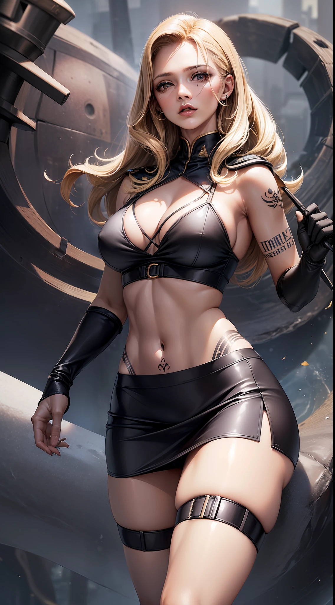 ((foto de corpo inteiro)), ((foto realista)), uma mulher, solo, militar, (colete: 1.2), 8k, high-res, obra-prima, melhor qualidade, (headpe: 1.3), pele finamente detalhada, transparent black bra, tattoo, skirt, roupas apertadas, sensual