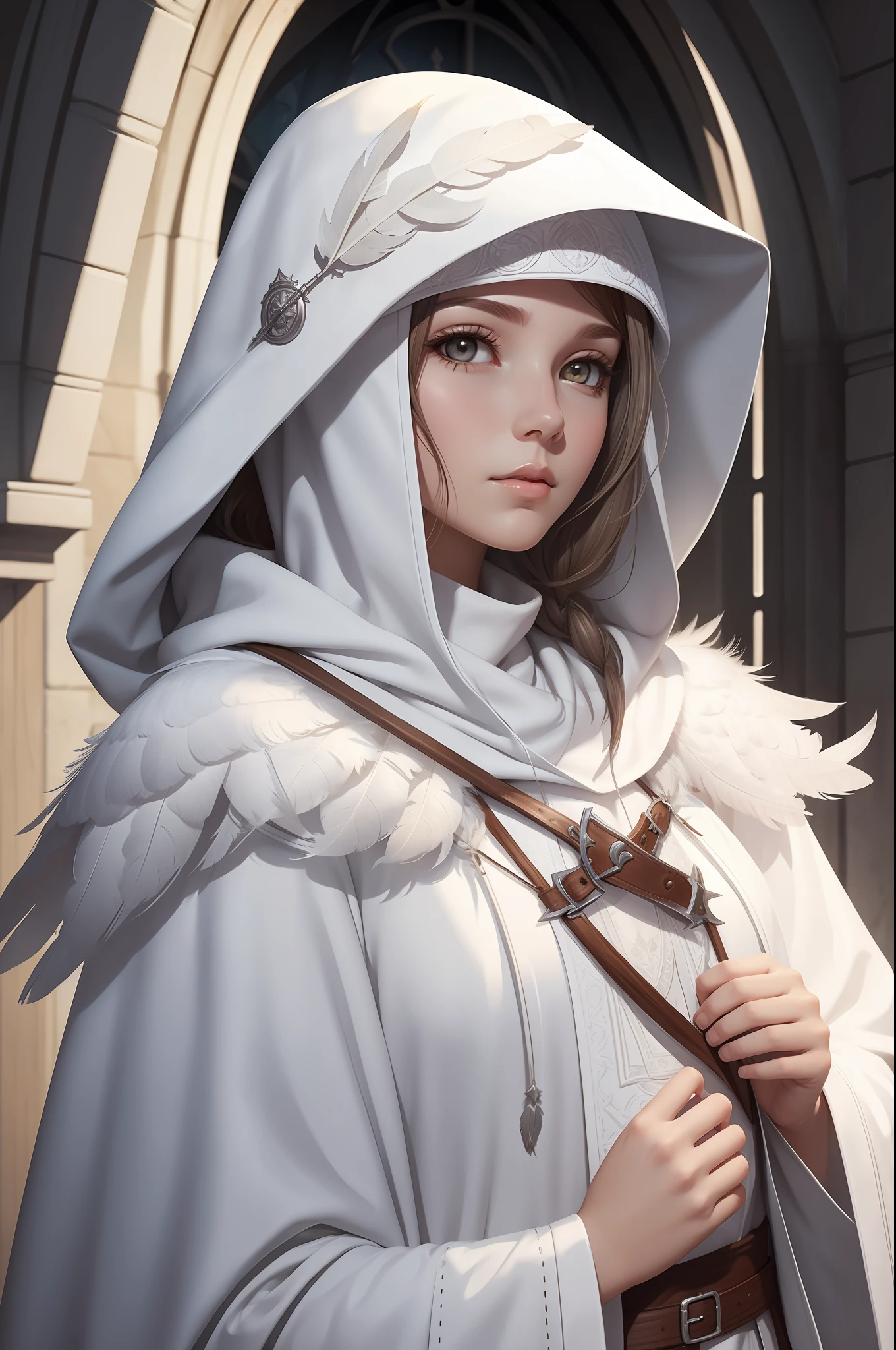 white feather owl, white hood, cleric, inspired by WLOP, adorable digital painting, RPG character