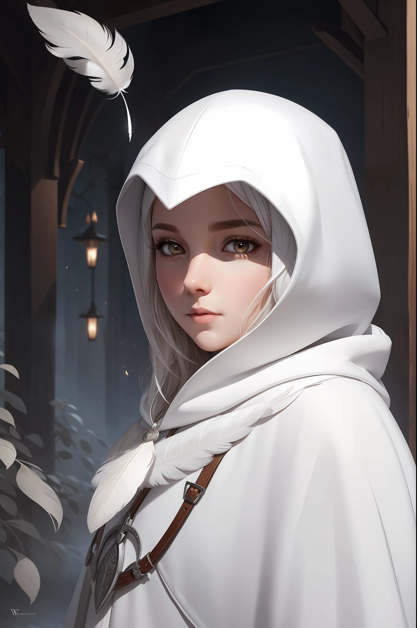 white feather owl, white hood, cleric, inspired by WLOP, adorable digital painting, RPG character
