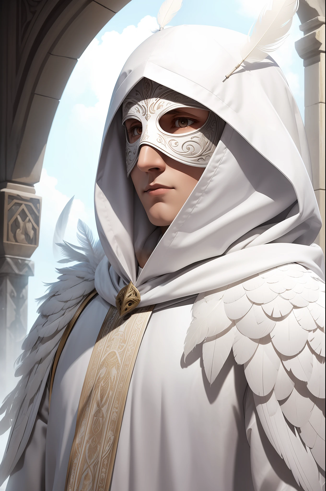 white feather owl (humanoid:1.3), white hood and white theatre mask, cleric, RPG character