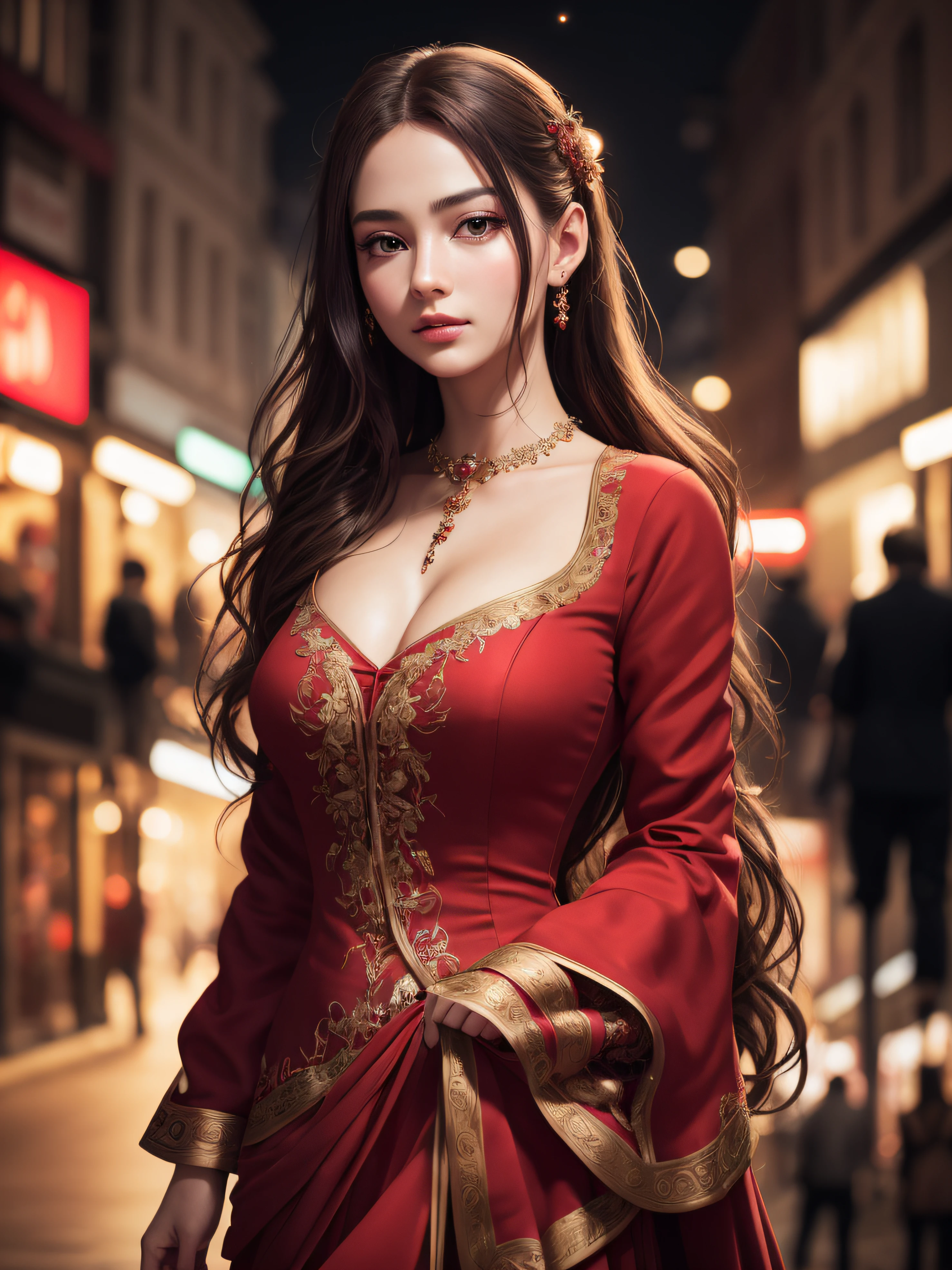 best quality ,masterpiece, an extremely delicate and beautiful, extremely detailed ,CG ,unity ,8k wallpaper, Amazing, finely detail, masterpiece,best quality, extremely detailed CG unity 8k wallpaper,absurdres, incredibly absurdres, huge filesize , ultra-detailed, highres, extremely detailed, beautiful detailed girl, extremely detailed eyes and face, beautiful detailed eyes, (RAW photo, best quality), (realistic, photo-realistic:1.3), fancy red random outfit, layered hair, night time, half body, light on face, standing in the shopping street