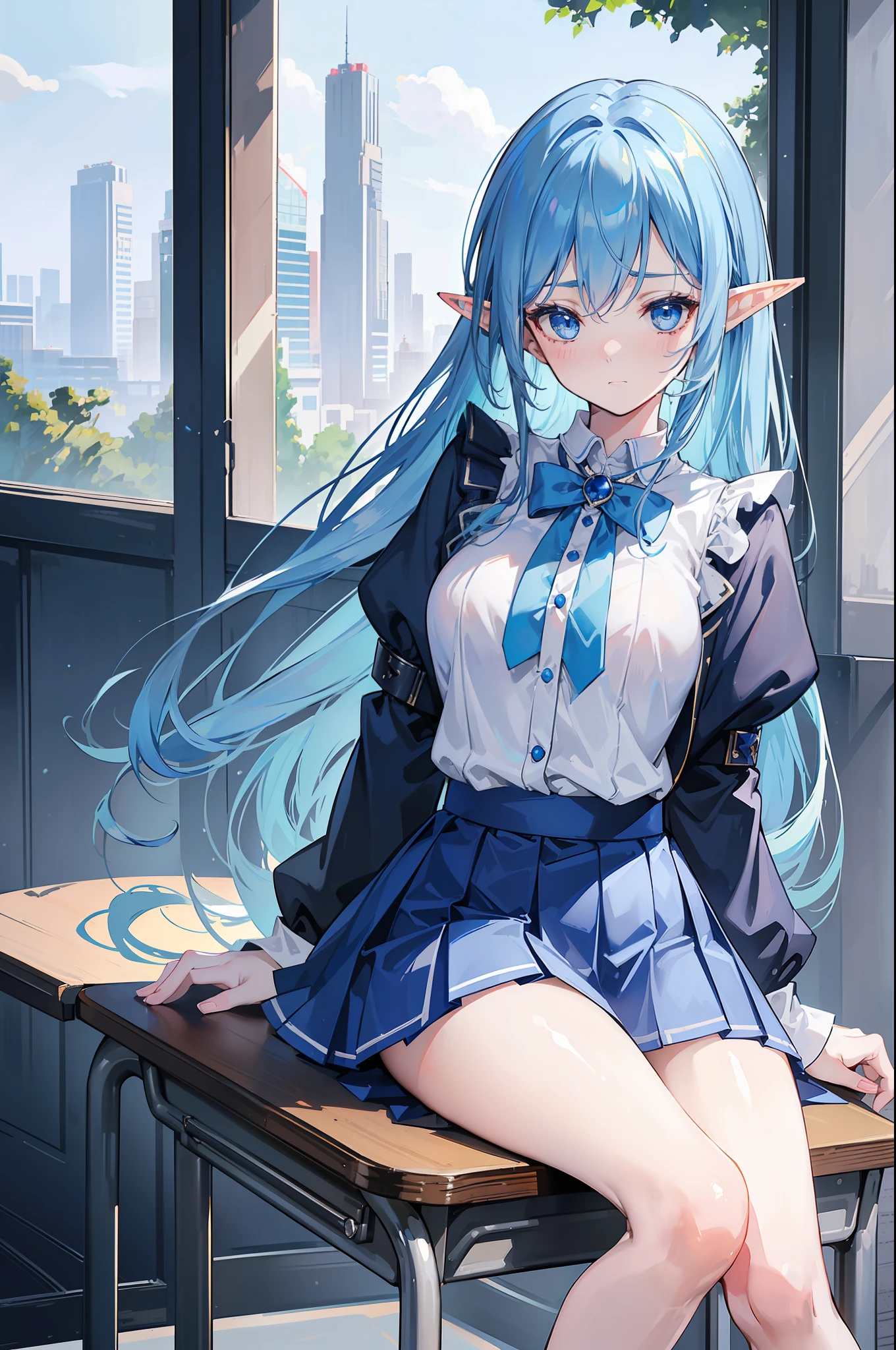 woman with blue hair, ((elf ears)), slight smile, slight blush, long hair, (extremely detailed face and clothing), full body, (looking into camera), (realistic camera angle), fantasy, in school, (sitting on school desk), blue and white schoolgirl uniform, miniskirt, (((masterpiece))), (((ultra high quality, 8k)))