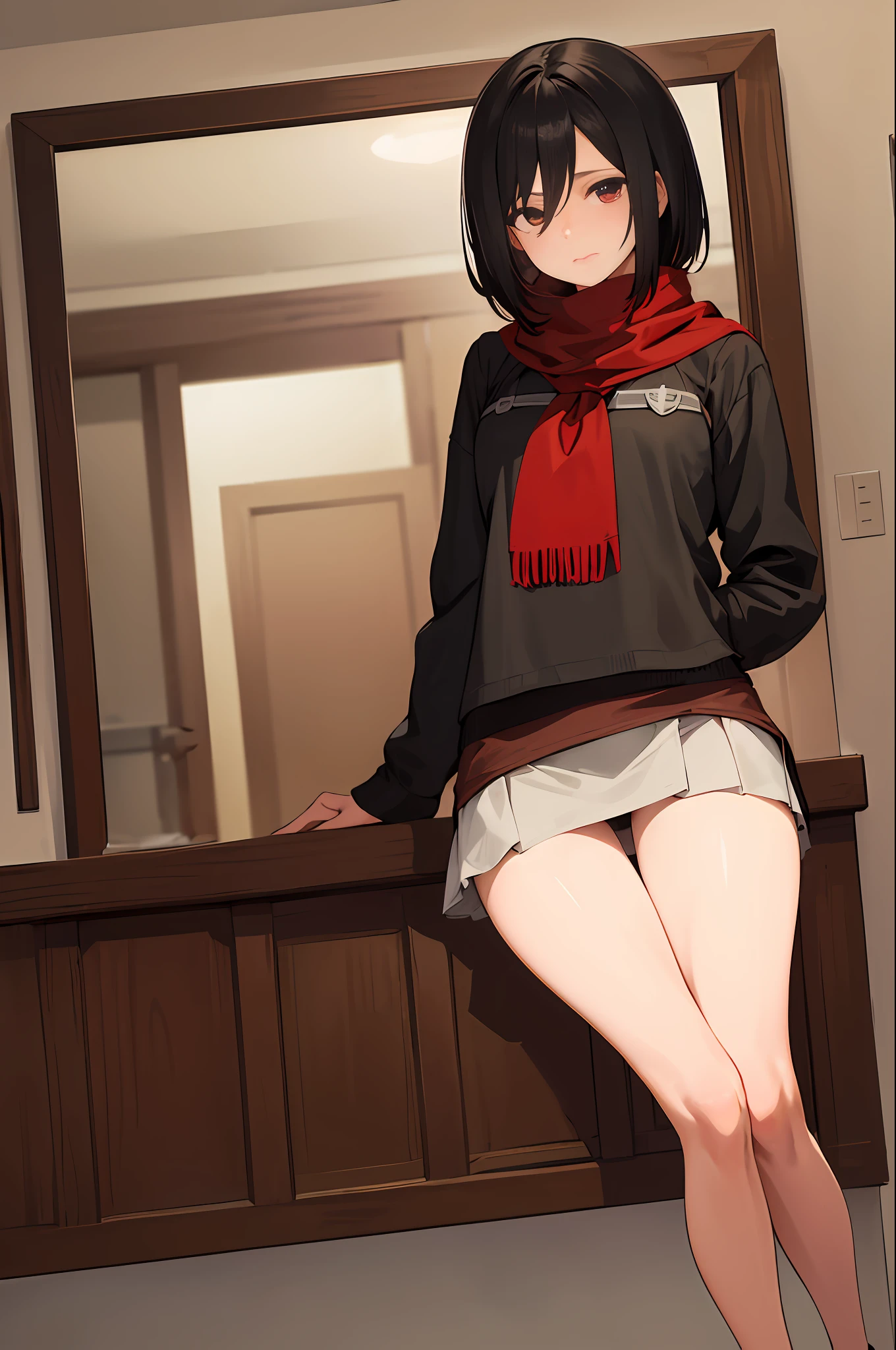Obra maestra, La mejor calidad, Altas Resoluciones, Hmmikasa, pelo corto, ojos negros, bufanda, emblema, beltt, Correa para el muslo, red neckerchief, miniskirt, show legs, inocente, sonrojada, room, pijama sexy