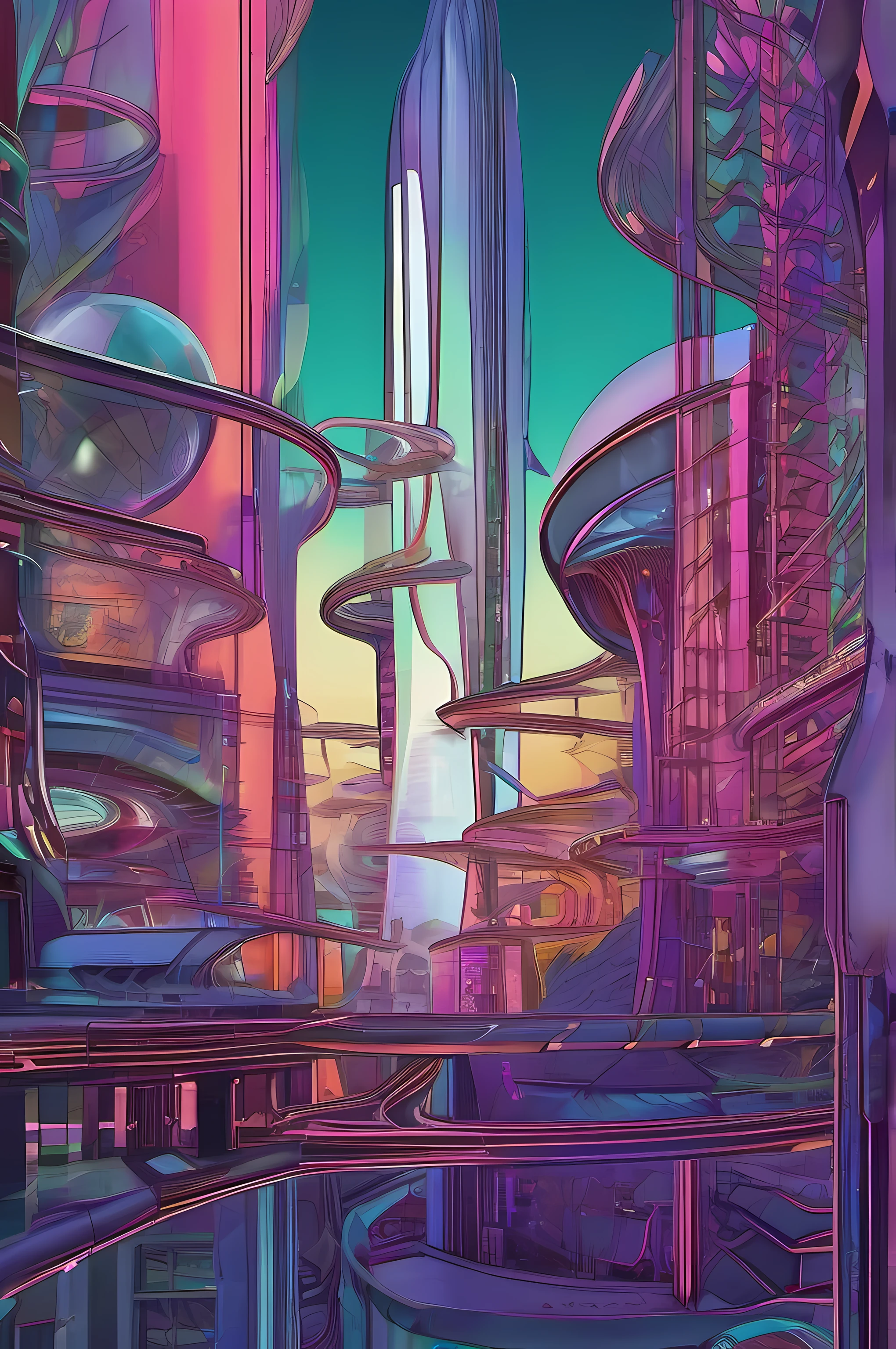 alien city, Curvilinear constructions, Translucent metal for building forms, Night scenery, Arte de Fantasia, arte de Clemilton Barbosa, detalhes intrincados, 16k