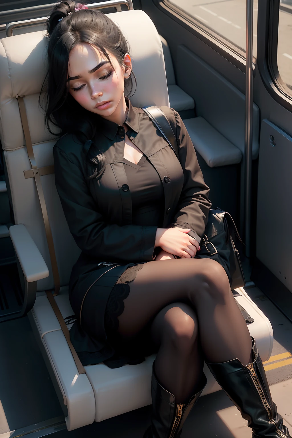 1 beautiful woman, lady, young, black hair, made-up face, ponytail, flowered dress, black jacket over dress, black boots, pantyhose, black handbag, made-up eyelids, arms crossed, asleep lying on the bus, eyes closed, arms crossed, mouth open.