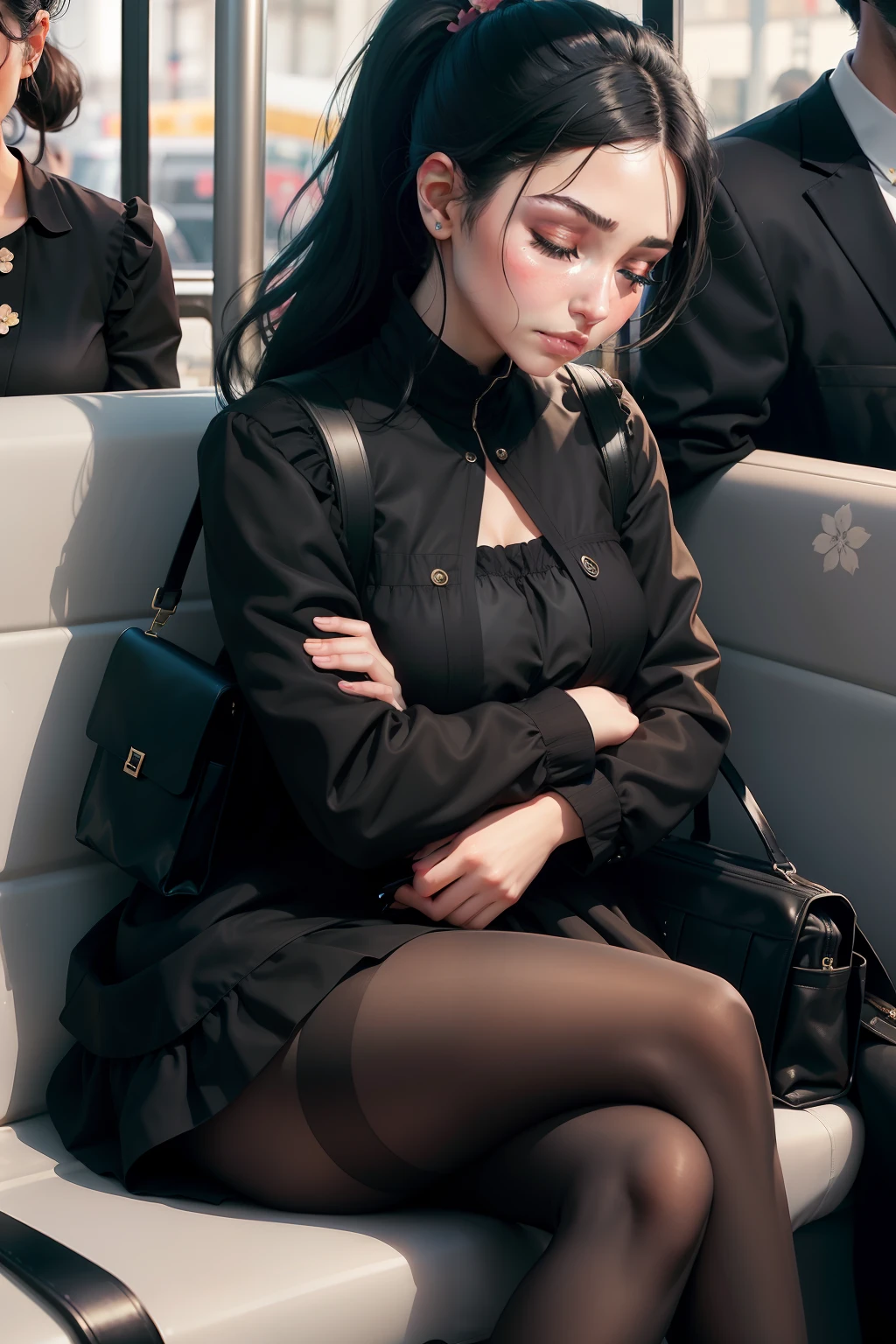 1 beautiful woman, lady, young, black hair, made-up face, ponytail, flowered dress, black jacket over dress, black boots, pantyhose, black handbag, made-up eyelids, arms crossed, asleep lying on the bus, eyes closed, arms crossed, mouth open.