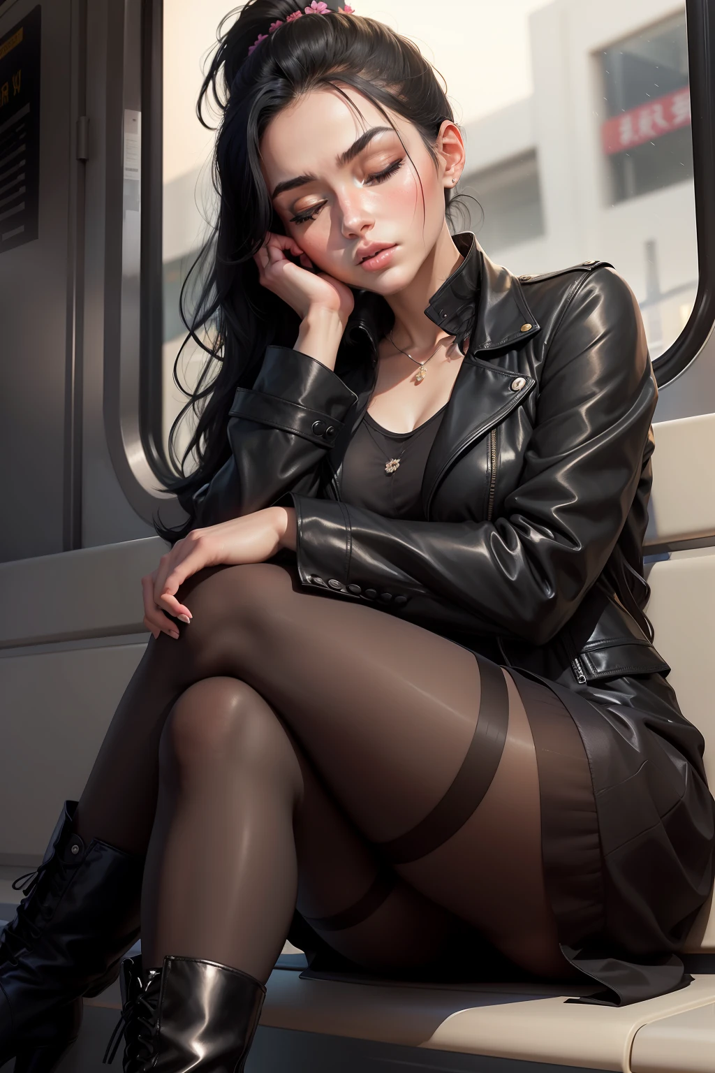 1 beautiful woman, lady, young, black hair, made-up face, ponytail, flowered dress, black jacket over dress, black boots, pantyhose, black handbag, made-up eyelids, arms crossed, asleep lying on the bus, eyes closed, arms crossed, mouth open.