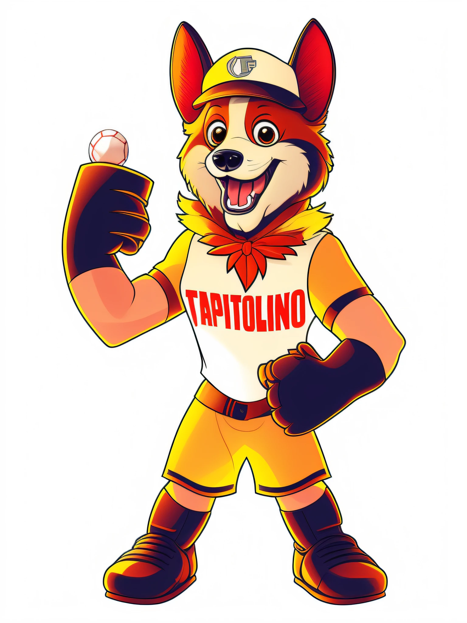 Cartoon of a dog in a baseball uniform holding a baseball glove, mascote da equipe esportiva, Mascot illustration, official character illustration, arte oficial do personagem, mascote de corpo inteiro, design de adesivo do telegrama, um mascote dingo, official fan art, fanart oficial, Arte Oficial, Telegrama Sticker, mascote esportivo, captain, an anthropomorphic fox, fursona commission