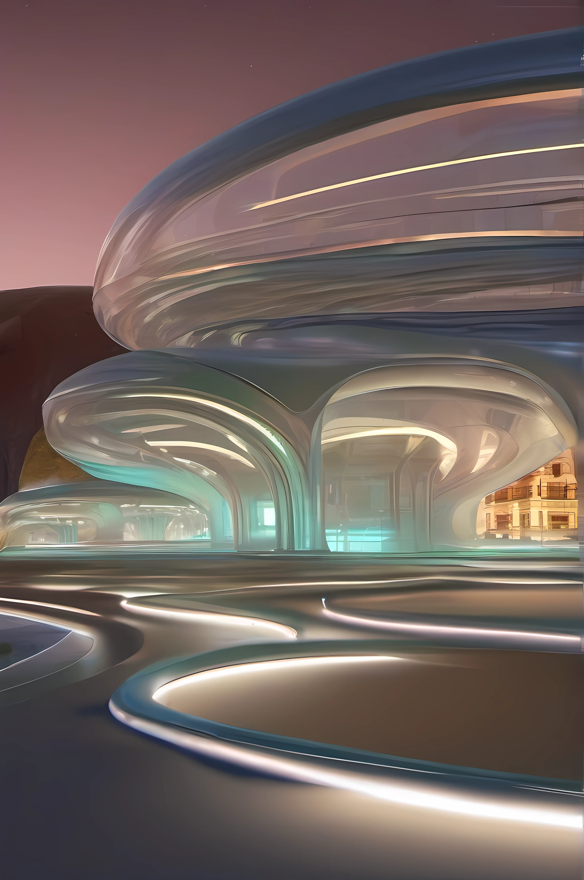 alien city, Curvilinear constructions, Translucent metal for building forms, Night scenery, Arte de Fantasia, arte de Clemilton Barbosa, detalhes intrincados, 16k