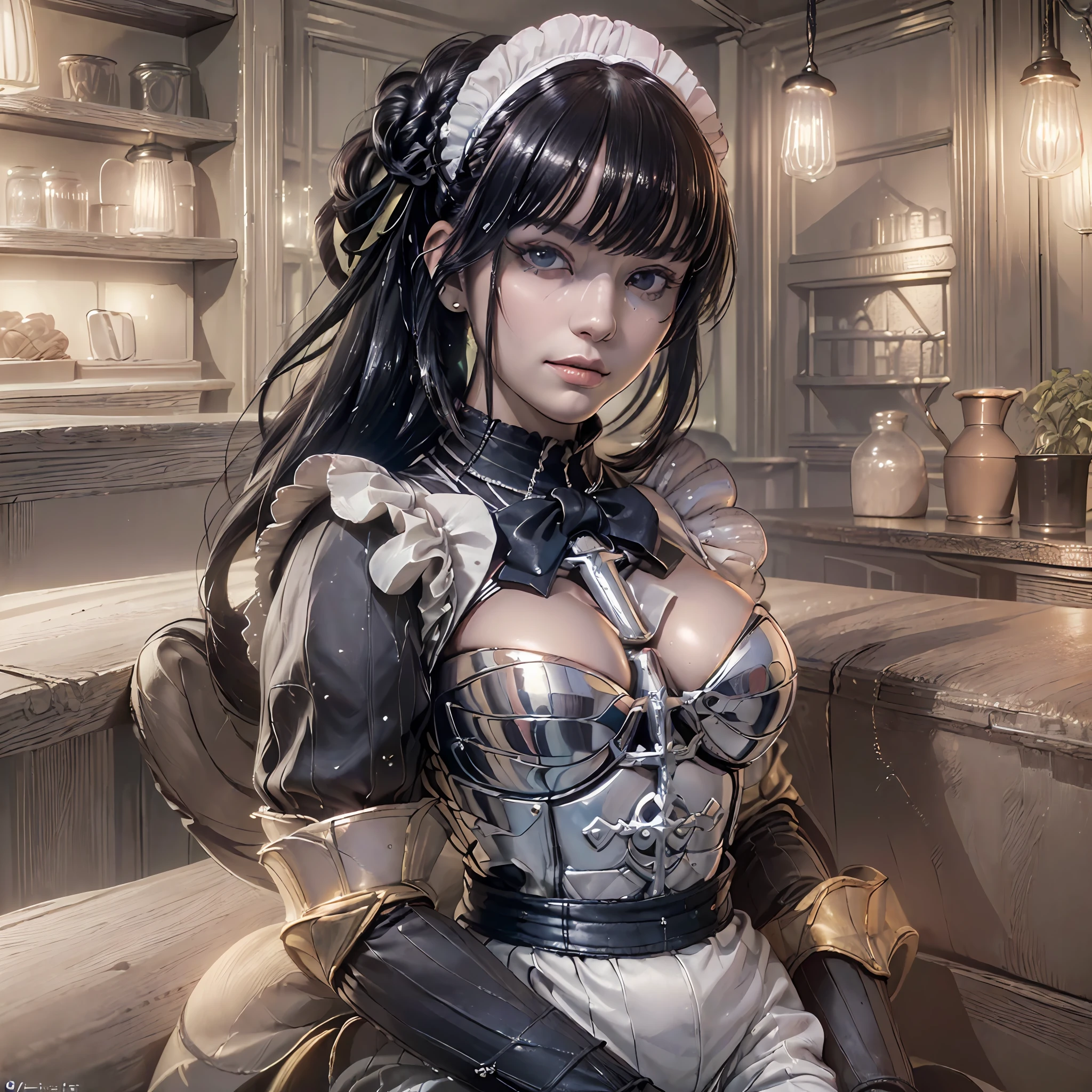 (64k, RAW photo, highres, best quality, masterpiece:2.0), (ultra-fine depiction of the detail:2.0), (realistic, beautiful, photo-realistic:1.3), 1girl, (Narberal Gamma), (long black-navy hair:1.7), (single braid bun:1.5), (shiny black hair, blue-gray eyes:1.6), (white bowtie and ribbon) (simple but high-quality maid dress), (black long gloves with golden cross ornament), (solemn maid dress with gothic style coreset), (gigantic breasts), (elegant and handsome woman), (shiny skin, pink lips), (looking at the viewer:1.5), (closed mouth, a slight happy smile;1.4), (at a quiet bar counter of Nazarick, filled with solemn, mysterious atmosphere), (highly sophisticated professional HDR, with effective ambient occlusion, perfectly optimized effective front light:1.8), (perfect, natural, harmonious composition), (photo-realistic, ultra-detailed:1.5), ((portrait:1.6))