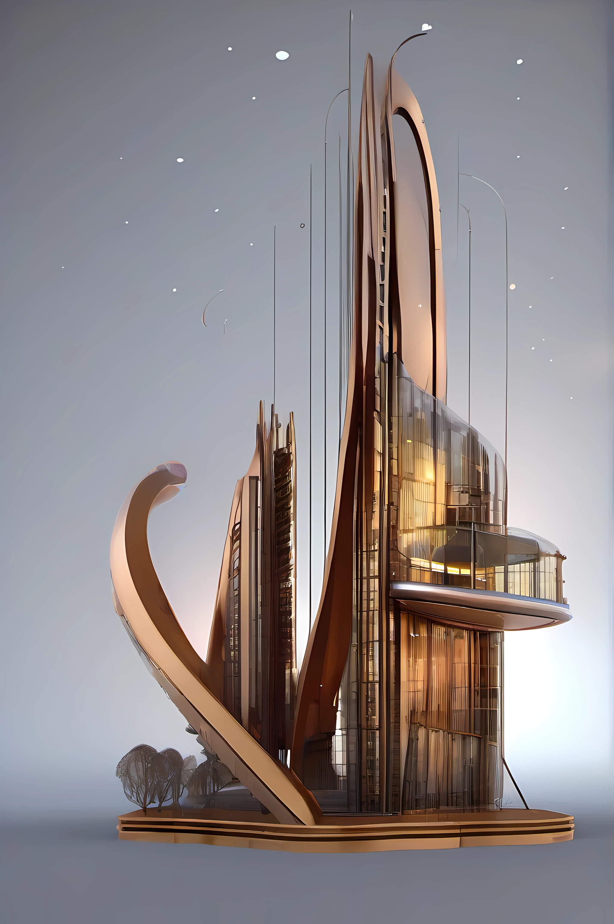 alien city, Curvilinear constructions, Translucent metal for building forms, Night scenery, Arte de Fantasia, arte de Clemilton Barbosa, detalhes intrincados, 16k