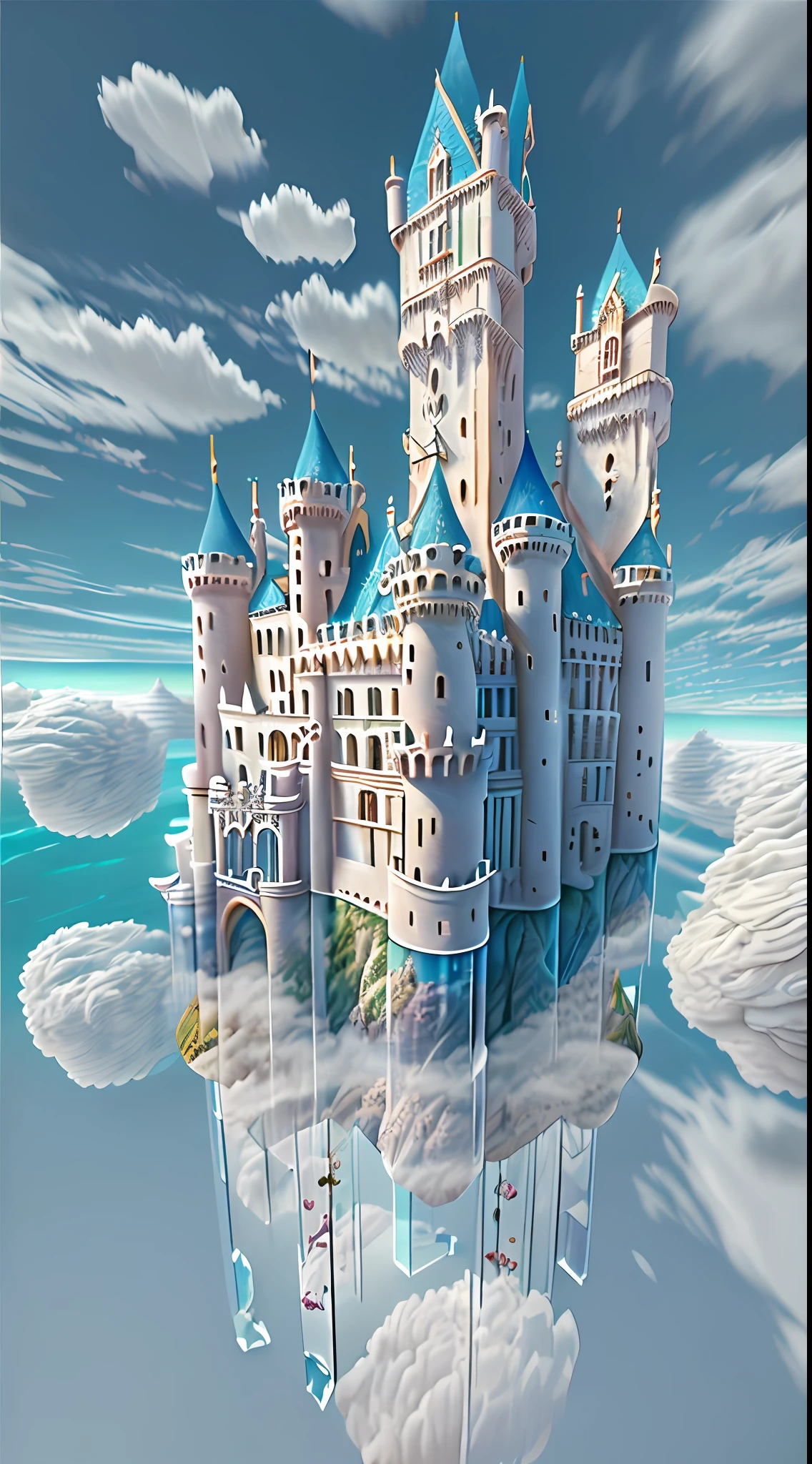 "(A Floating in the air, majestic, cloud, castle with walls made of glass:1.2), underneath we see a (beautiful ocean with waves), (best quality:1.3), (highres:1), (incredible:1.3), (perfect:1.3), (perfection:1.3), (detailed:1.3) art of 3D Studio " lower angle shot view