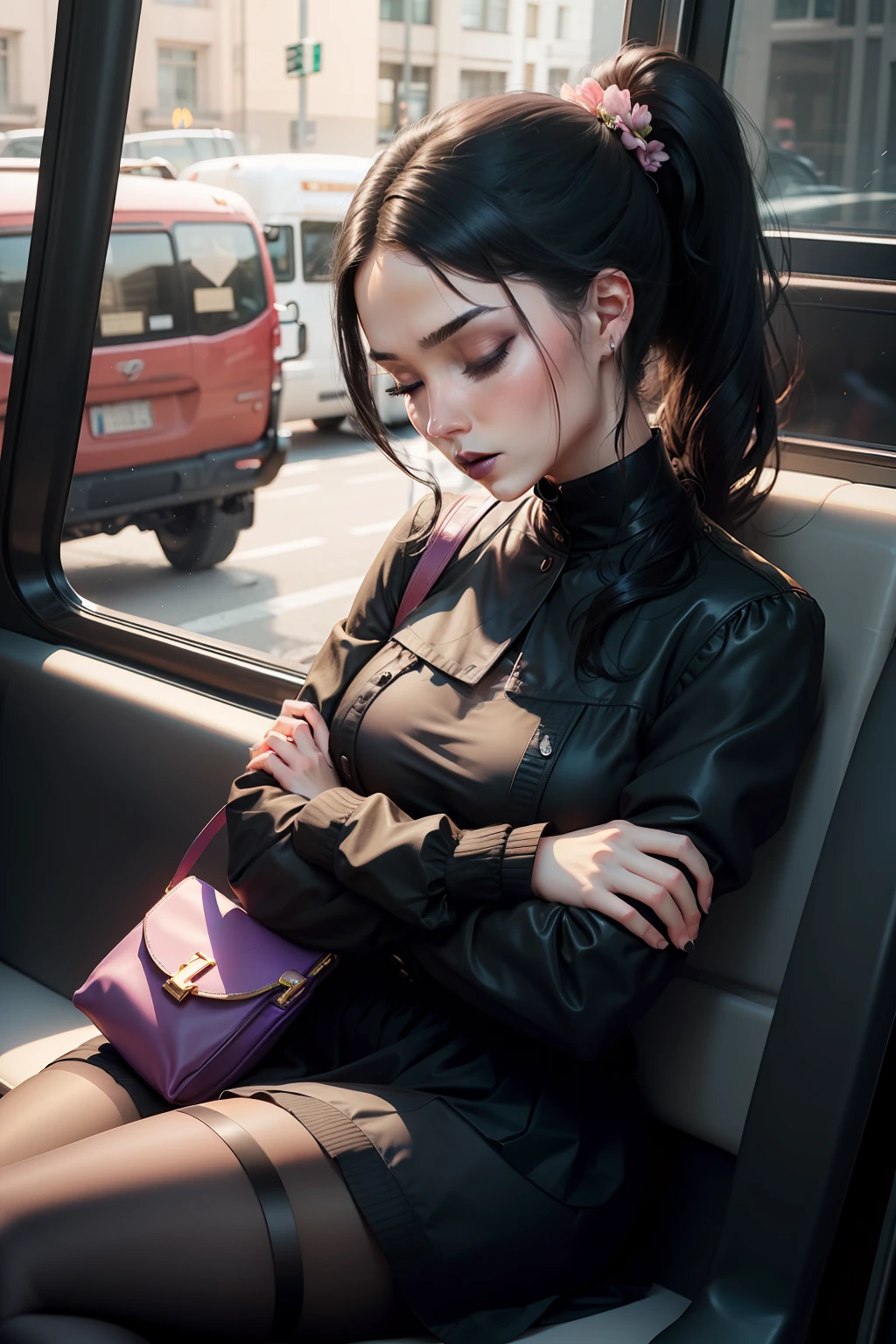 1 beautiful woman, lady, young, black hair, black lips, made-up face, ponytail, flowered dress, black jacket over the dress, black boots, pantyhose, black handbag, made-up eyelids, arms crossed, asleep lying on the bus, eyes closed, arms crossed, mouth open.