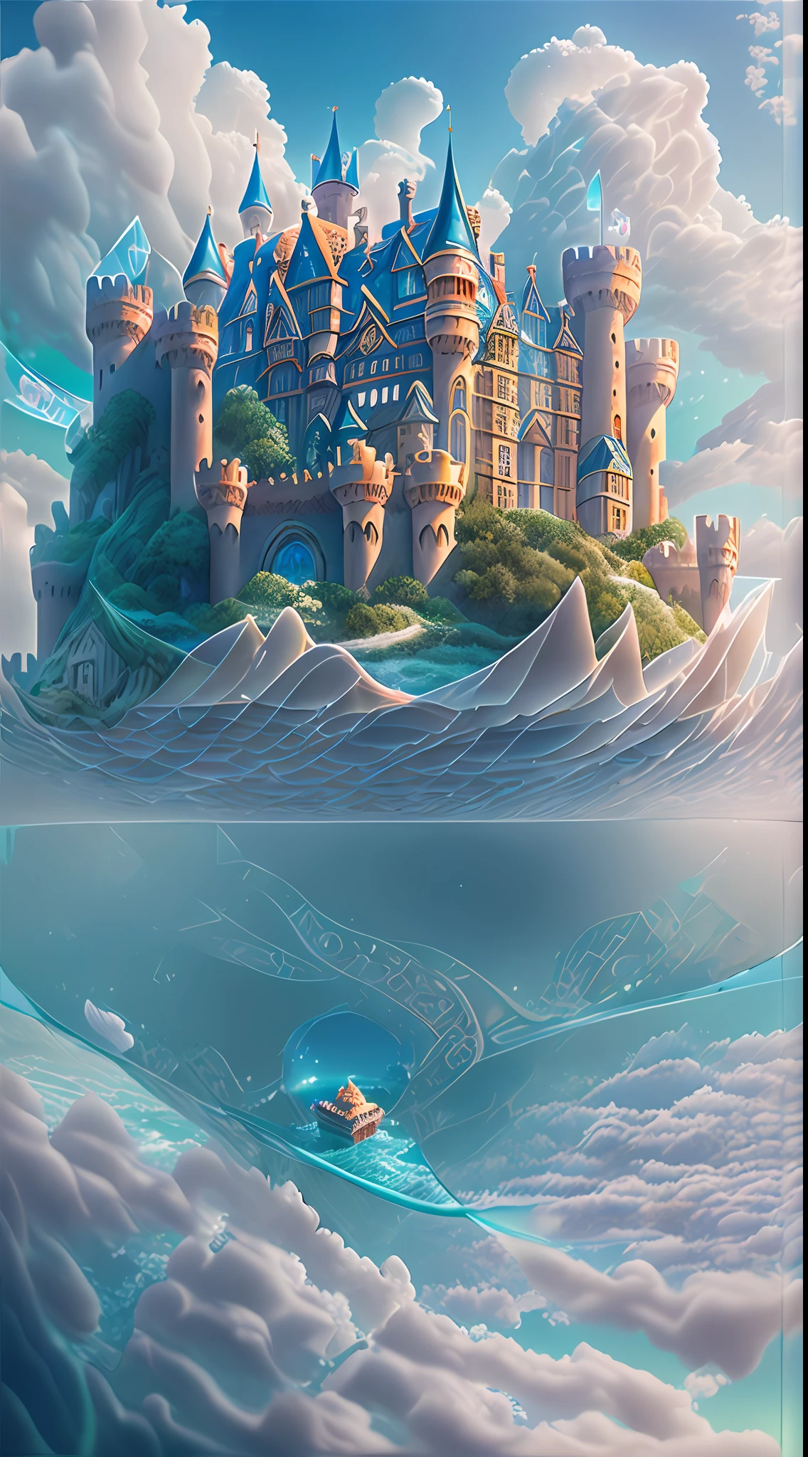 "(A Floating in the air, majestic, cloud, castle with walls made of glass:1.2), underneath we see a (beautiful ocean with waves), (best quality:1.3), (highres:1), (incredible:1.3), (perfect:1.3), (perfection:1.3), (detailed:1.3) art of 3D Studio " lower angle shot view