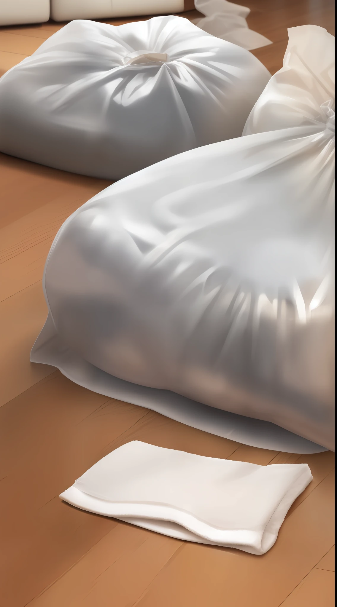 (Translucent white Garbage bags on the floor),living room,(a worn-out Face towel on the table,((extreme closeup))),2.5D,rialistic