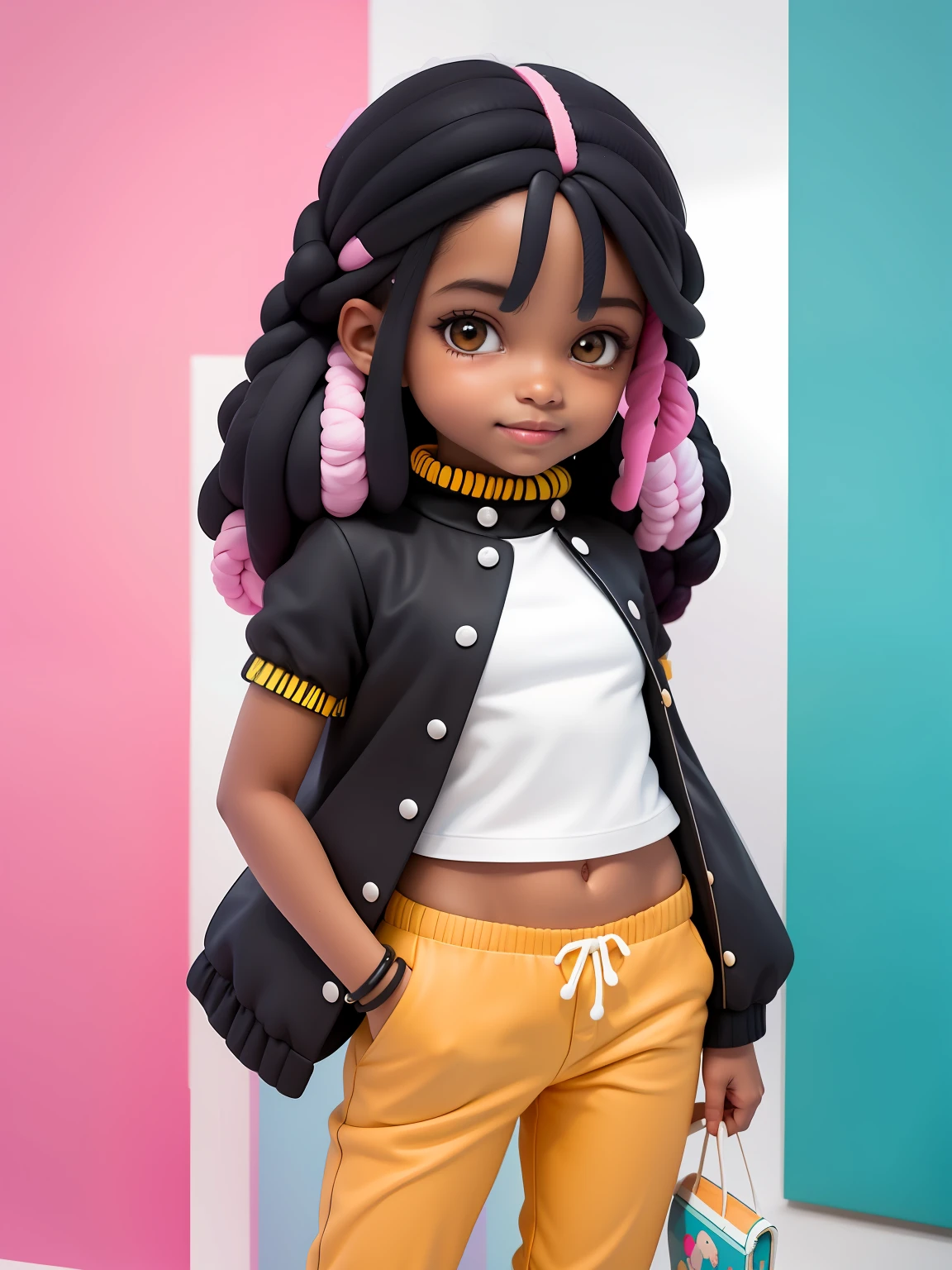 (obra-prima), (melhor qualidade), (ultra-detalhado), (corpo inteiro: 1.2) loli menina negra, touca, moletom preto, pants, jaqueta, blouse, sorriso claro, corpo inteiro, :3, cabelo multicolor, enrolado, encaracolado, crespo moderno, Modern accessories, fundo tom pastel , colorido e simples.
