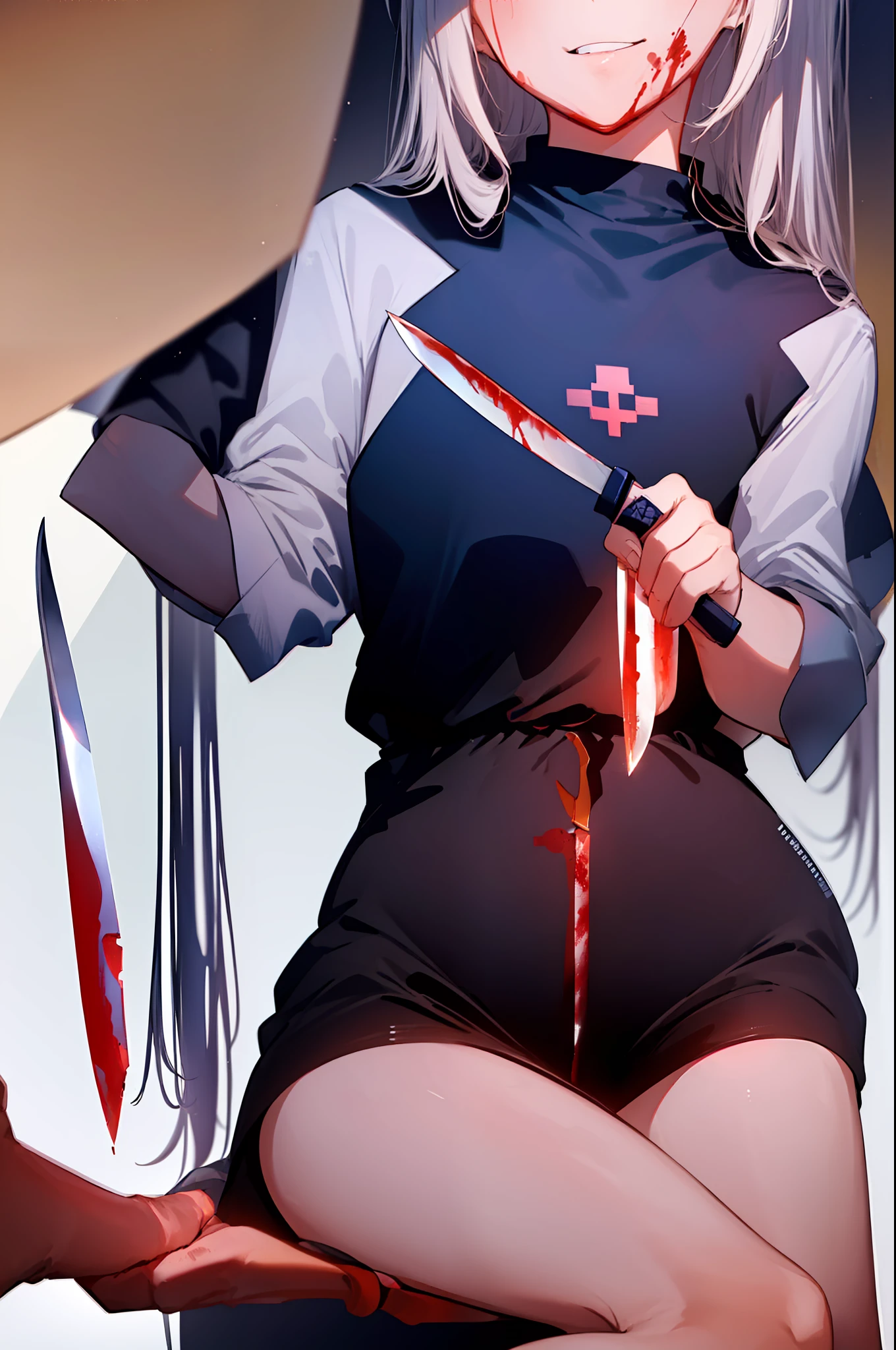 (((((obra-prima))))), (((((melhor qualidade))))), High, ((((1Kei)))), ((((((((((She's sitting in a wooden chair)))))))))), ((((((Ultra-detailed blue hands and eyes and knife)))))), ((((1girl)))), ((Formoso)), ((((((((((Saia preta na altura do joelho)))))))))), ((((((cabelo longo)))))), ((((((((((Sorriso sombrio feminino e cativante)))))))))), ((((((((((She has a knife in her right hand with blood)))))))))), ((((((((((sangue)))))))))), ((((sozinha)))), ((((((Uma garota com cabelo grisalho longo e olhos azuis)))))), (((fita))), (((franja))), (((鎖骨))), ((((cabelo grisalho)))), ((((((Saia preta na altura do joelho)))))), ((((((((meias pretas longas)))))))), (((faixa de cabelo preta))), (((neck ribbon))), (((cabelo entre os olhos))), ((((middlebreasts)))), ((((There is only one person)))), ((((adolescente de 15 anos)))), (((uniforme escolar feminino camisa branca jaqueta preta jaqueta aberta saia preta longa))), ((corpo completo anatomicamente correto)), (((pernas femininas normais cruzadas))), ((usa sapatos pretos)), ((Detailed full scenario)), ((mystery)), ((Tempo tenso)), ((Postura equilibrada)), blush sutil | | | | | | | |, Pingente de cristal BREAK golden hour, (Rim lighting): 1.2, tons quentes, Brilho lunar, sombras suaves, noite, cores vibrantes, painterly effect, dreamy atmosphere BREAK scenic lake, montanhas distantes, salgueiro, calm water, reflection, nuvens iluminadas pela lua, (((Dark scenery and terror))), (((((Vista de corpo inteiro e escenario completamente detalhado))))), (((pegue a chave))), Ultra Detalhado, Arte Oficial, Unity 8k papel de parede, Zentangle, mandala